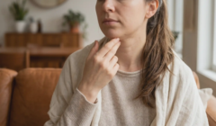 woman feeling hard lump under chin