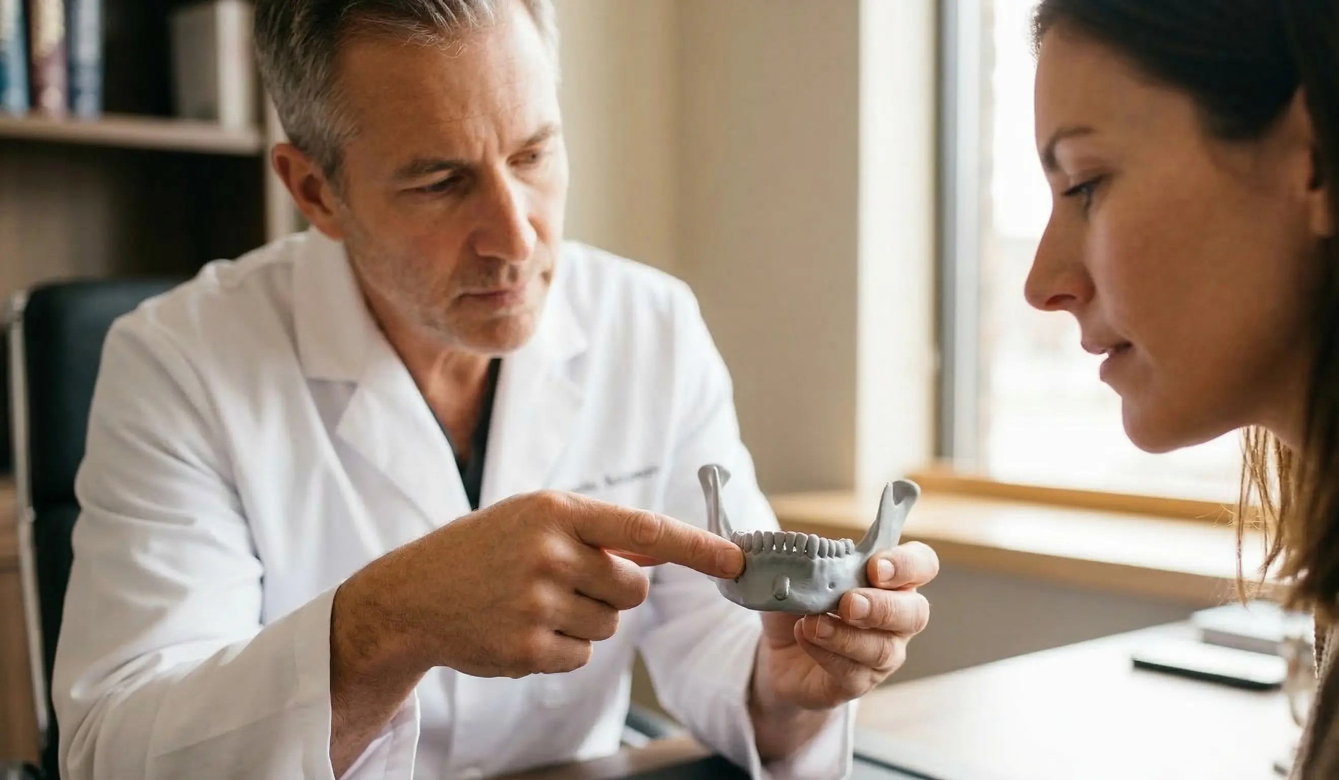 doctor pointing to chin implant on skeletal model examination