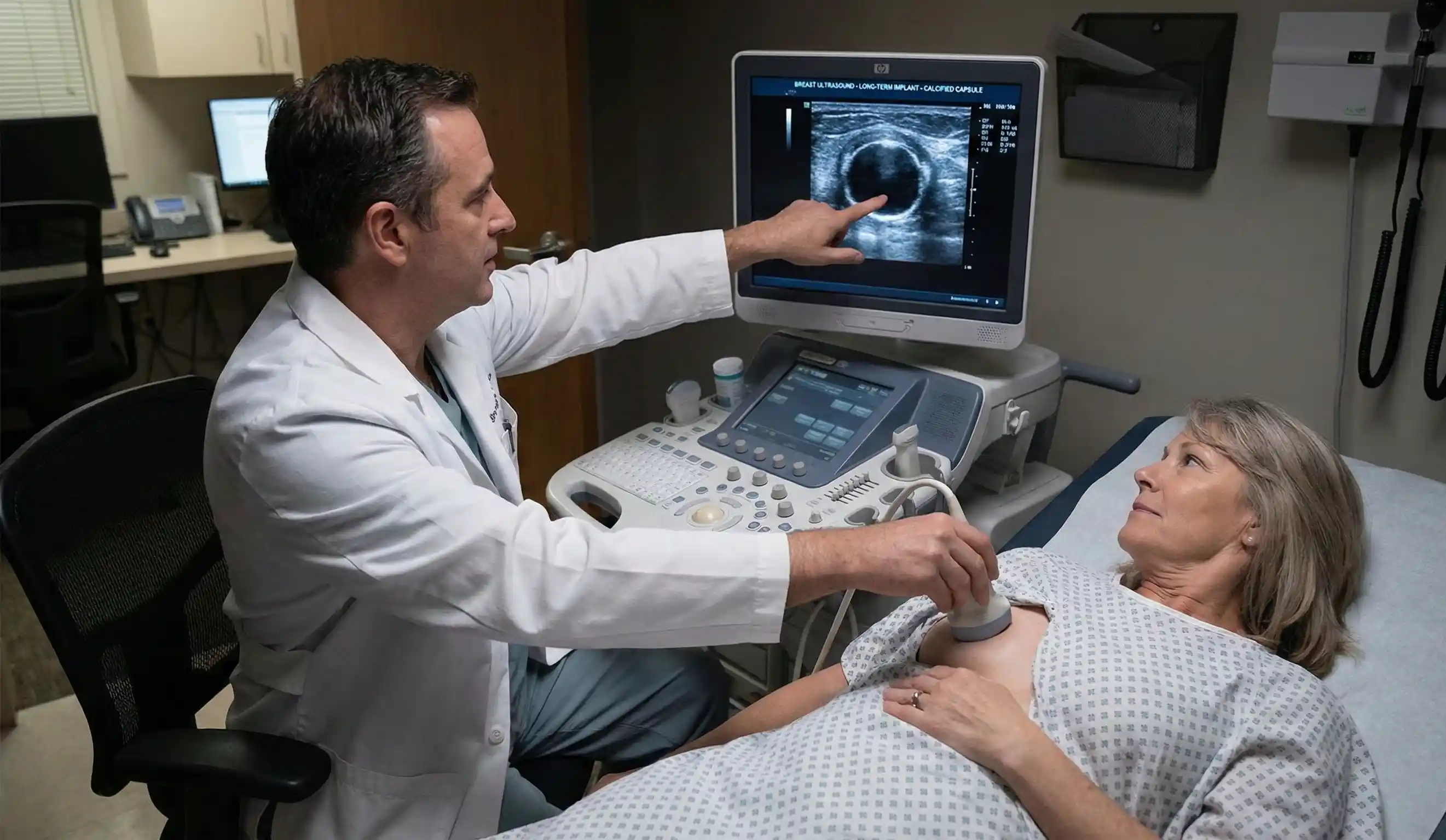 doctor explaining mature implant capsule on ultrasound