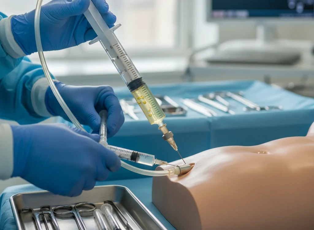 surgeons hands preparing the fat transfer process for bbl