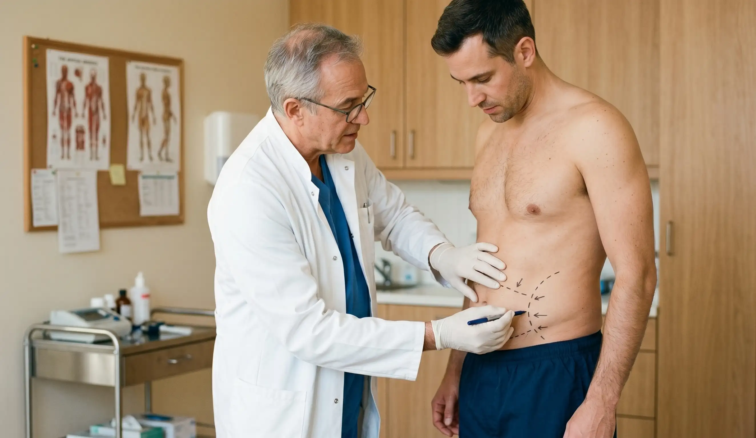 doctor examining male patient abdomen before liposuction