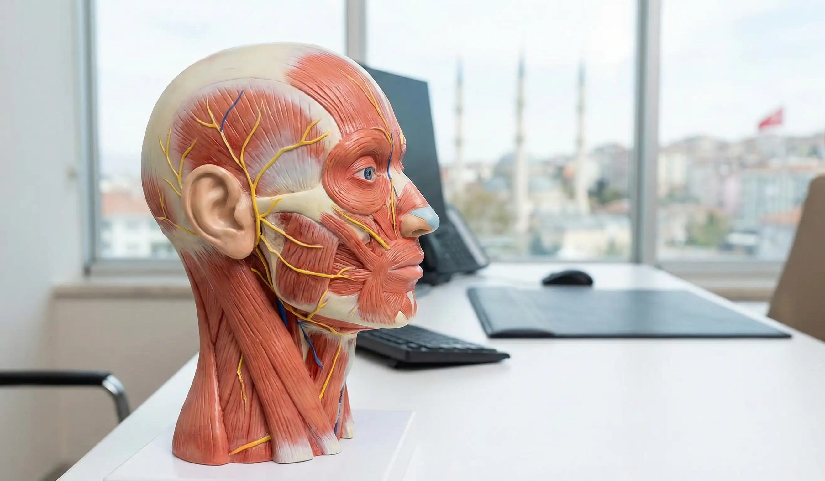 anatomical head model on desk with view