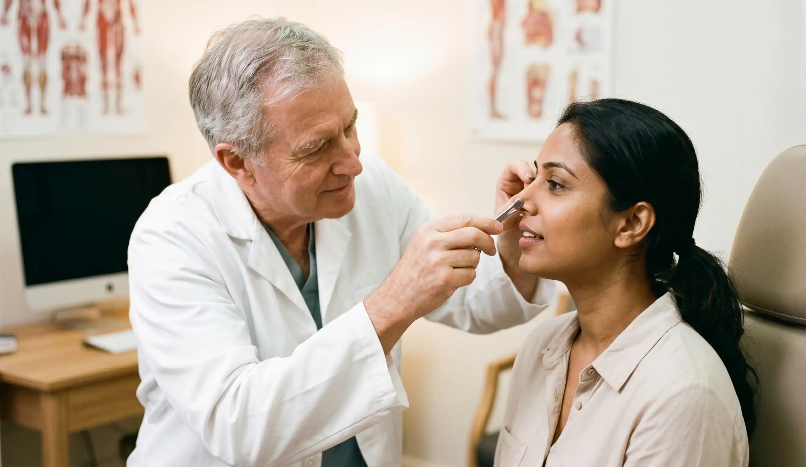 clinical exam doctor woman patient rhinoplasty nasal breathing