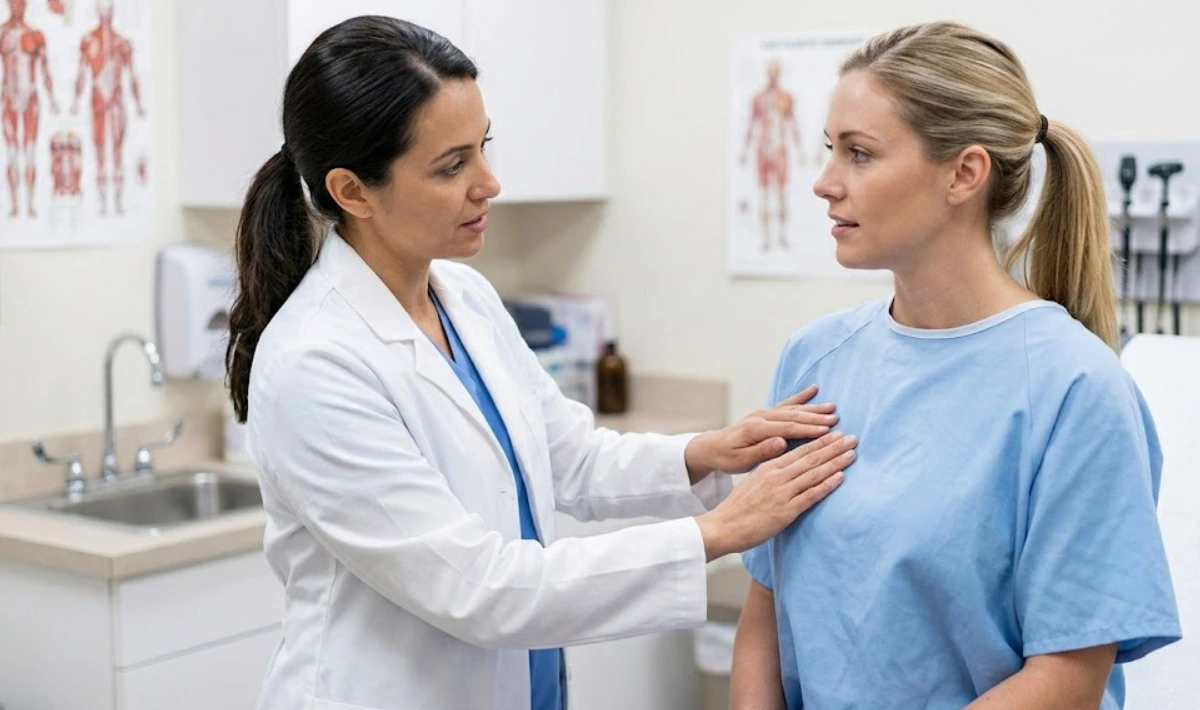 doctor examining breast for implant rupture symptoms