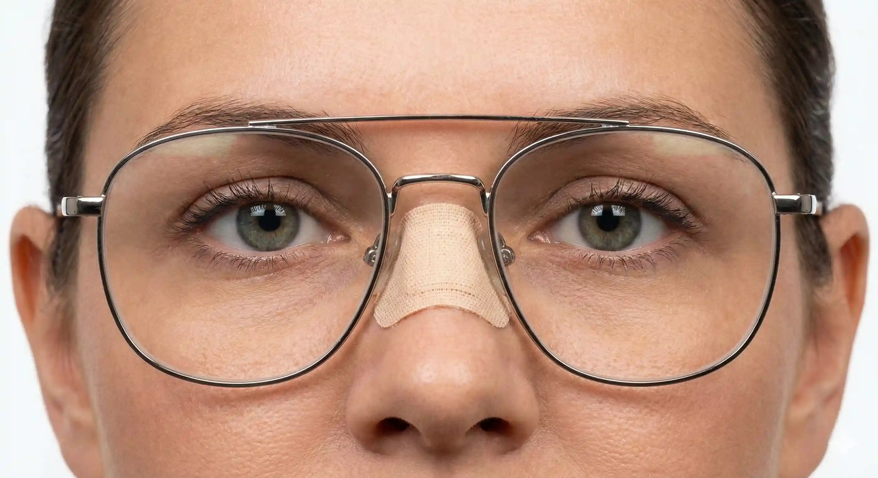 patient wearing glasses after nose surgery