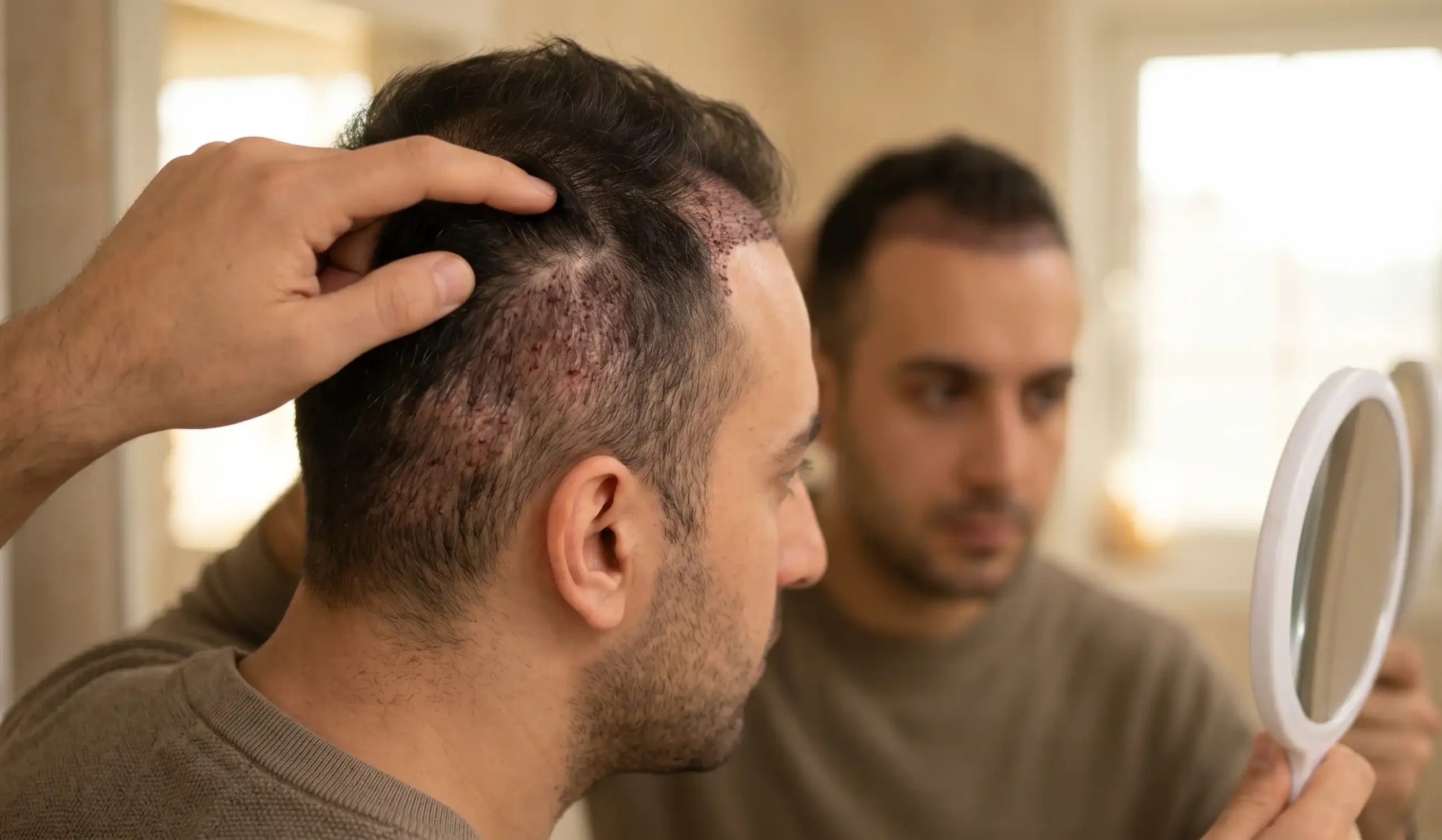 man checking hair transplant scalp after procedure