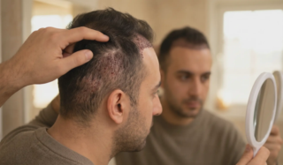man checking hair transplant scalp after procedure