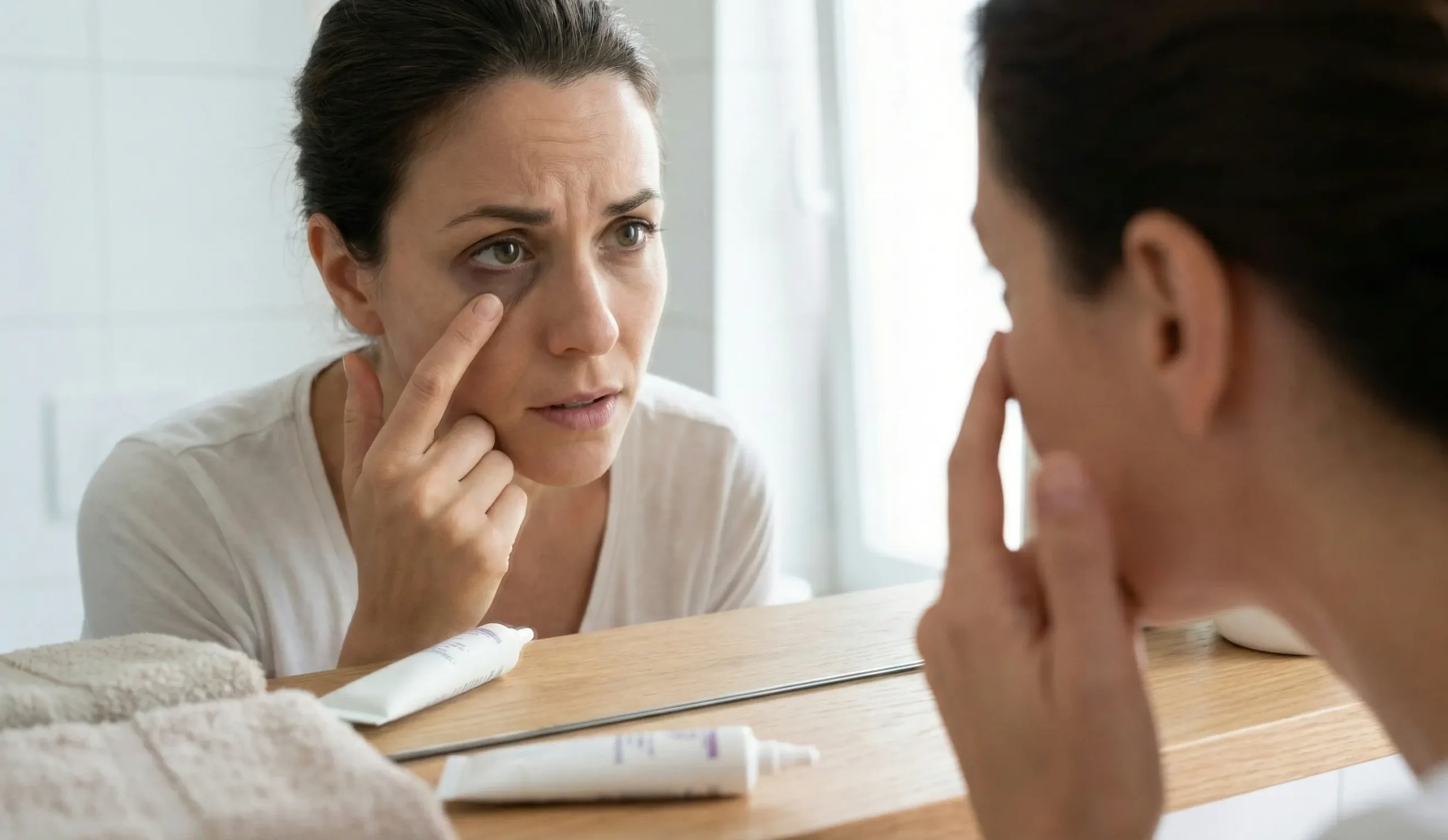 woman checking under eye hollow mirror