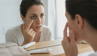 woman checking under eye hollow mirror