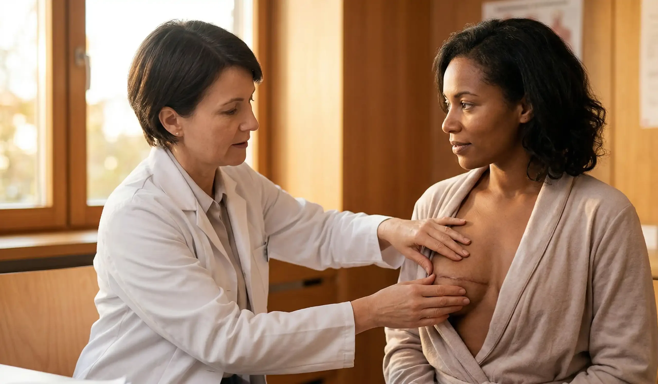 doctor examining post operative breast wound