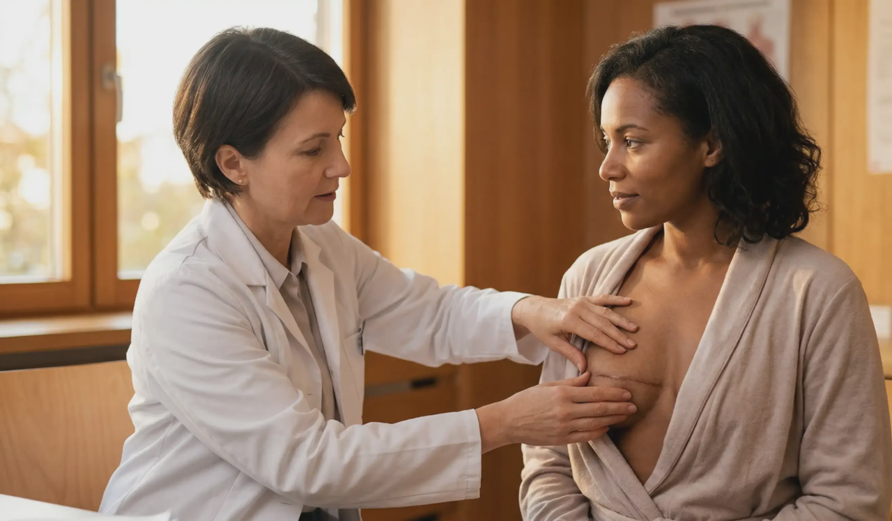doctor examining post operative breast wound
