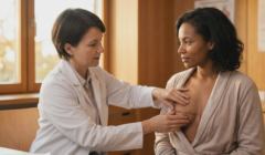 doctor examining post operative breast wound