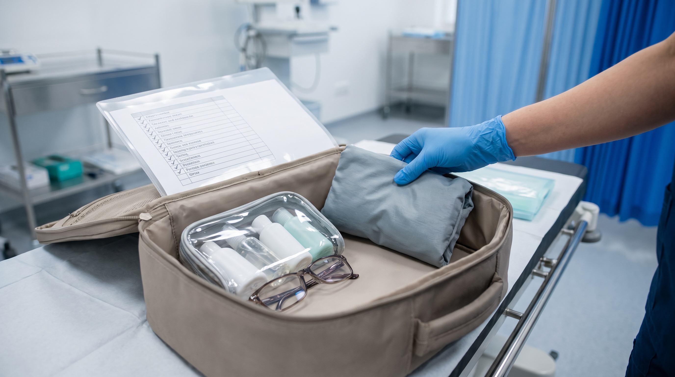 Essential medical and personal items carefully packed for surgery recovery in Turkey.