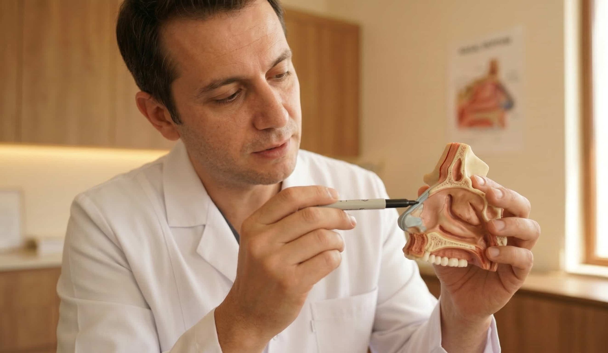 anatomical deviated septum model doctor pointing