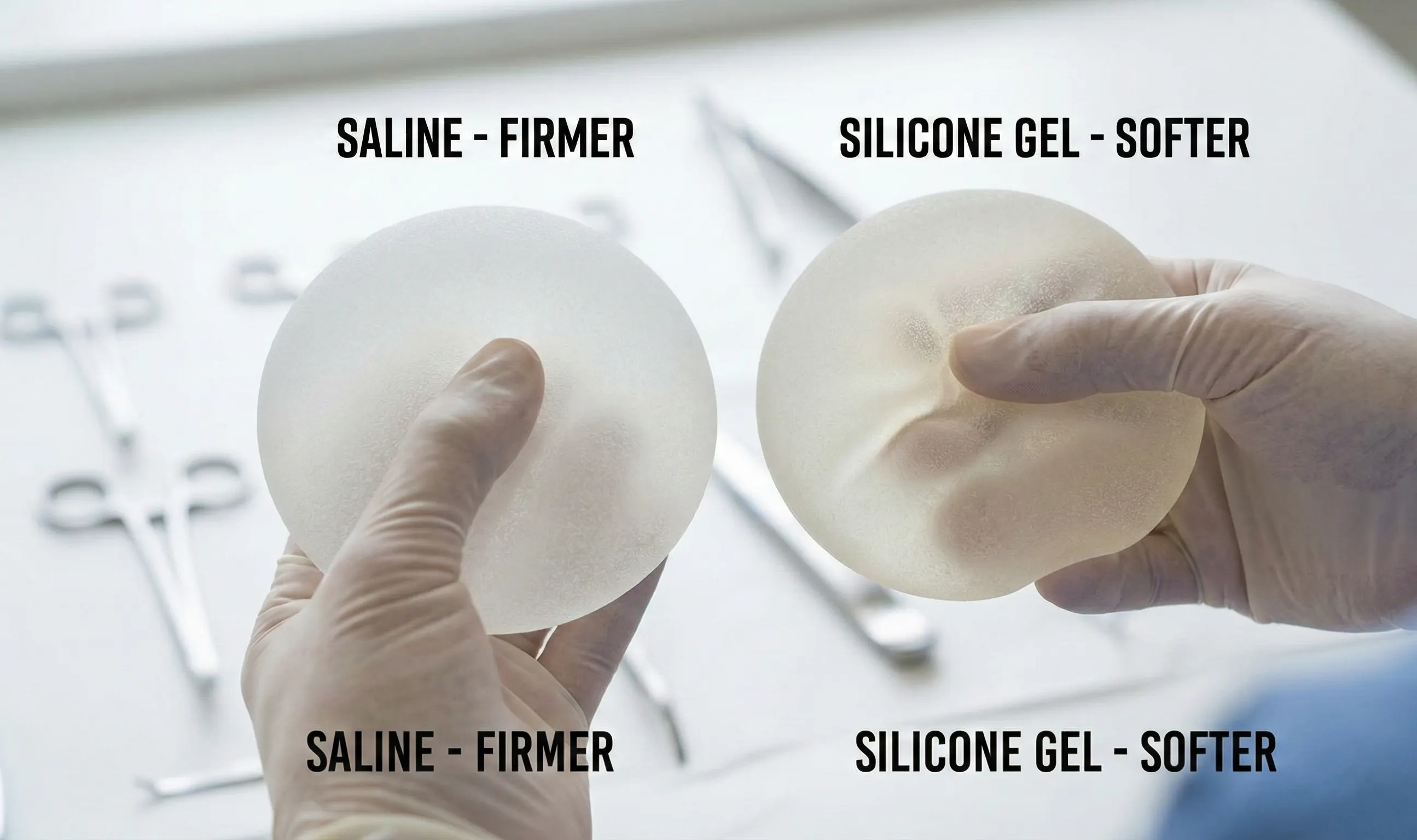 comparación visual firmeza de implantes de suero vs gel de silicona
