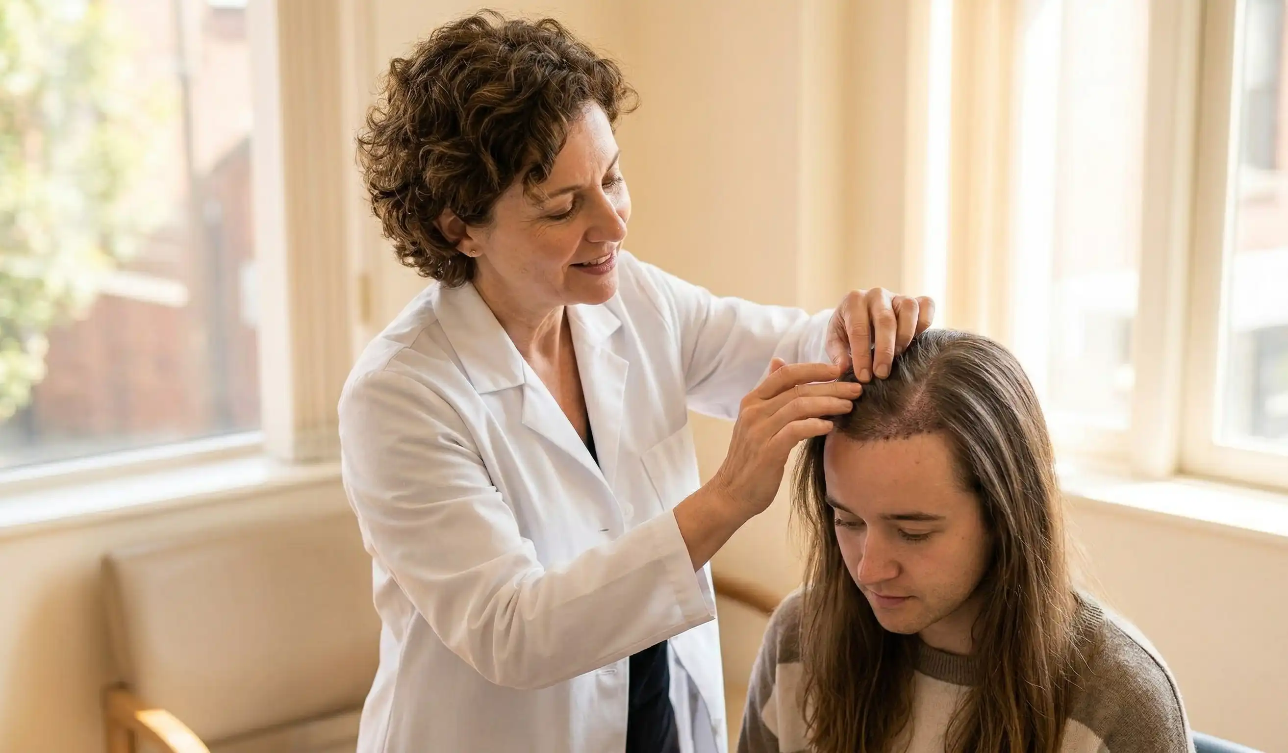 doctor dermatologist inspecting hair transplant grafts scalp