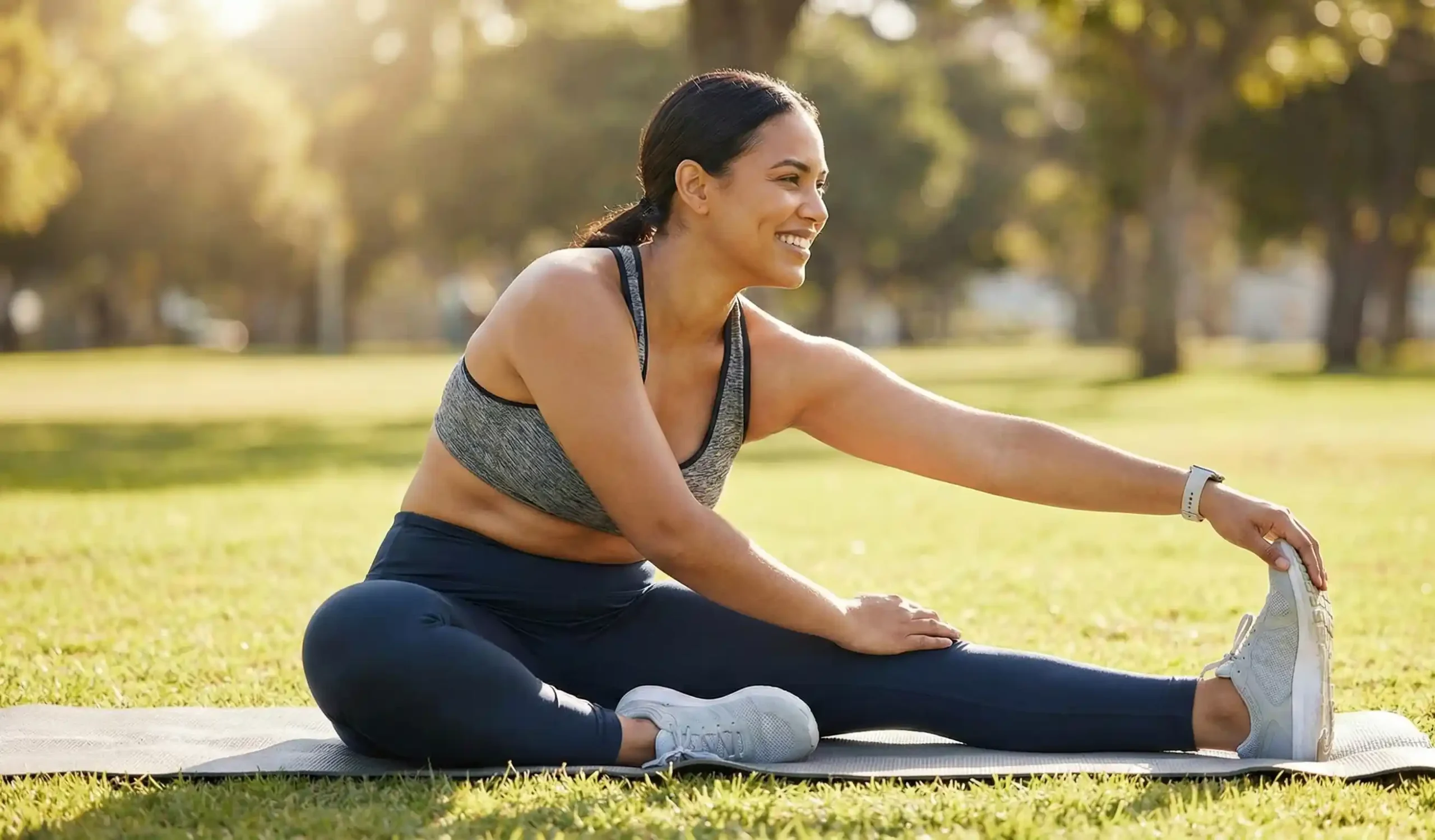 fit person stretching in park representing healthy body image and lifestyle