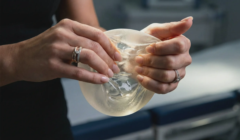 hands firmly squeezing and twisting silicone implant