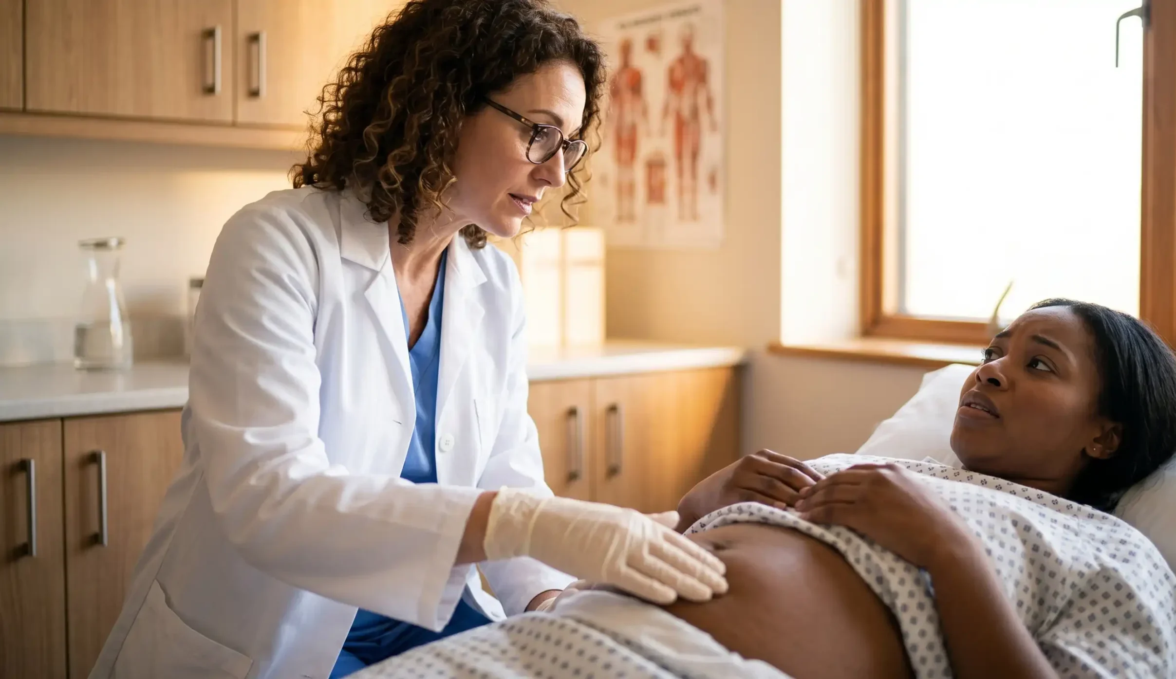 doctor examining patient abdomen warm clinic