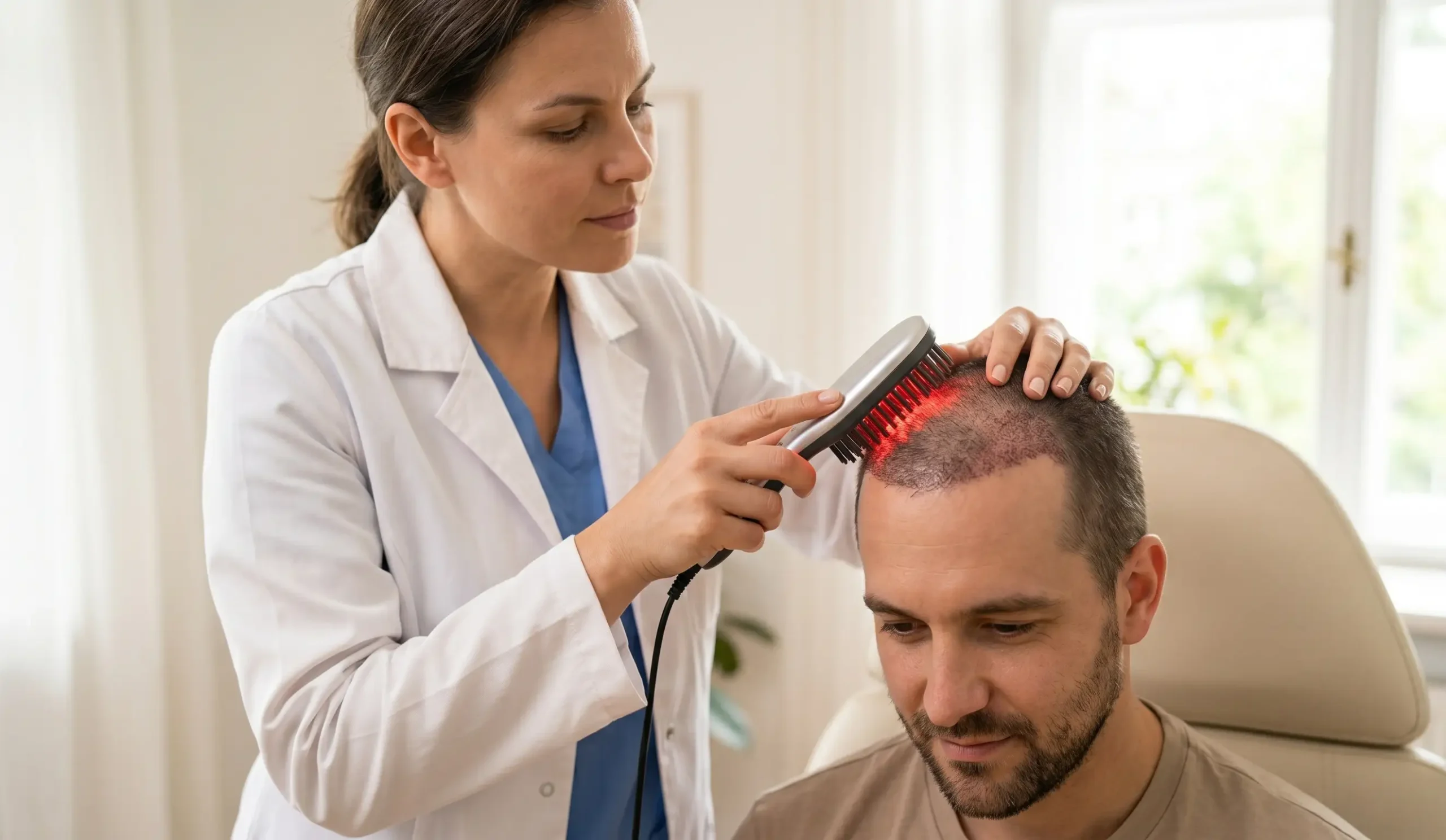 doctor checking scalp blood flow after hair transplant