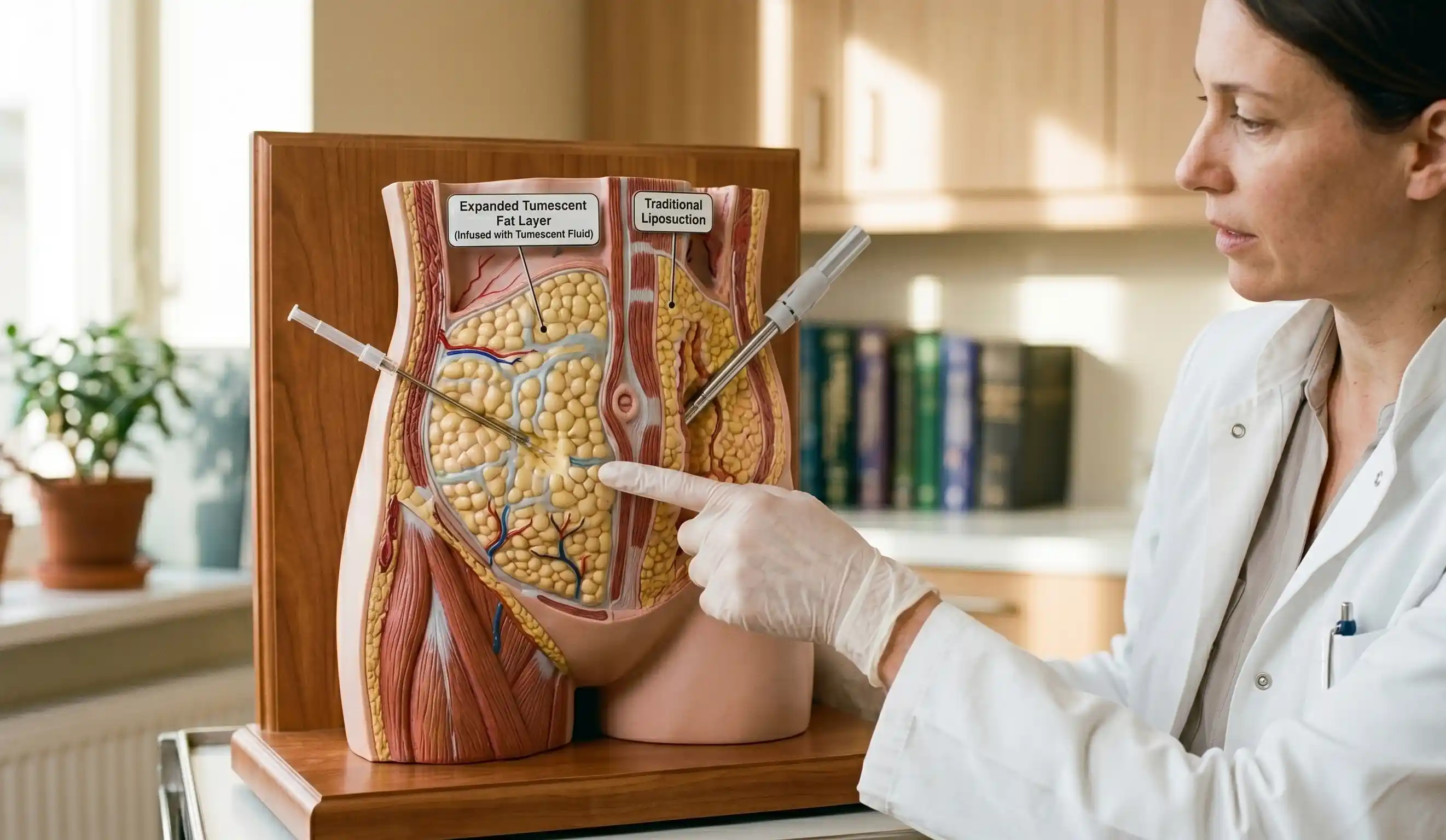doctor explaining anatomical model comparing liposuction methods