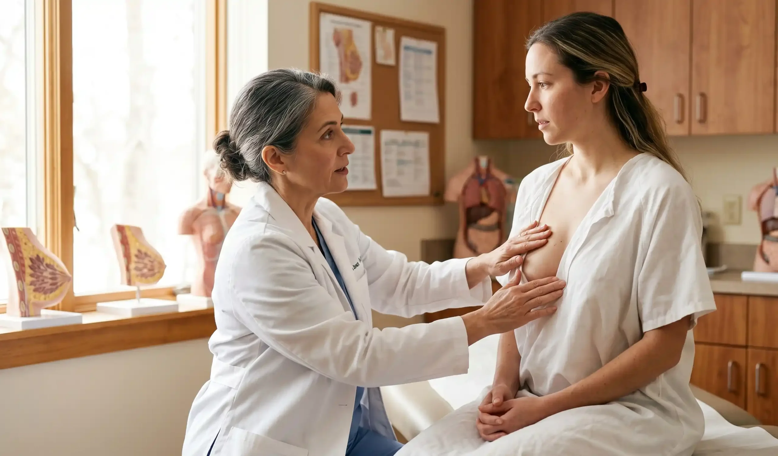 doctor palpating patients breast for implant examination in clinic