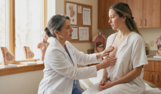 doctor palpating patients breast for implant examination in clinic