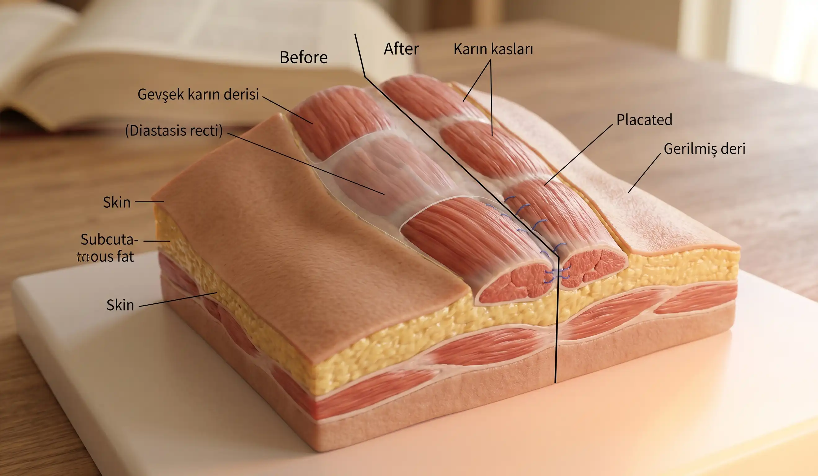 3d anatomical model showing tummy tuck procedure on abdomen