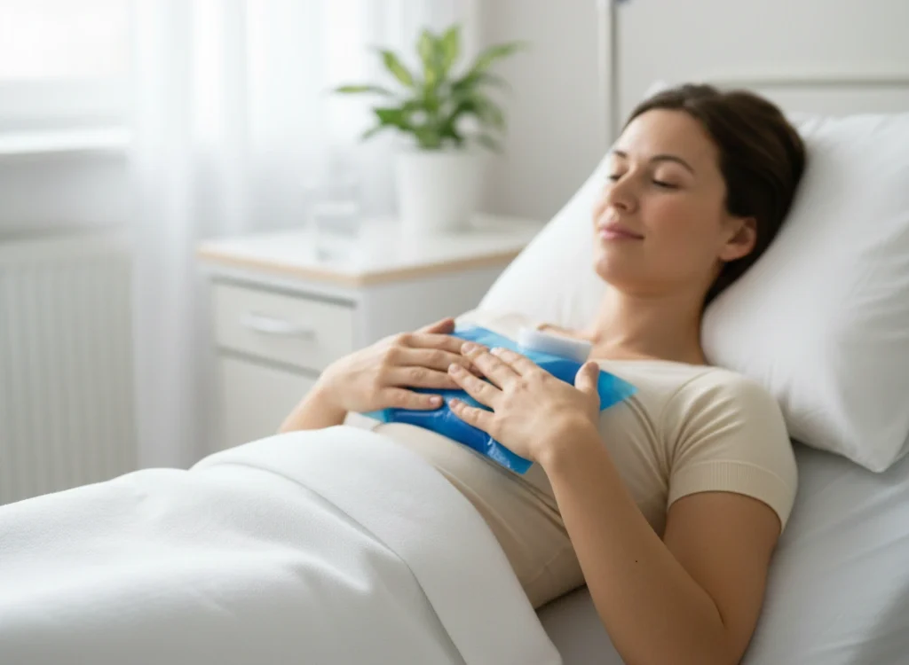patient applying cold compress to chest relaxed