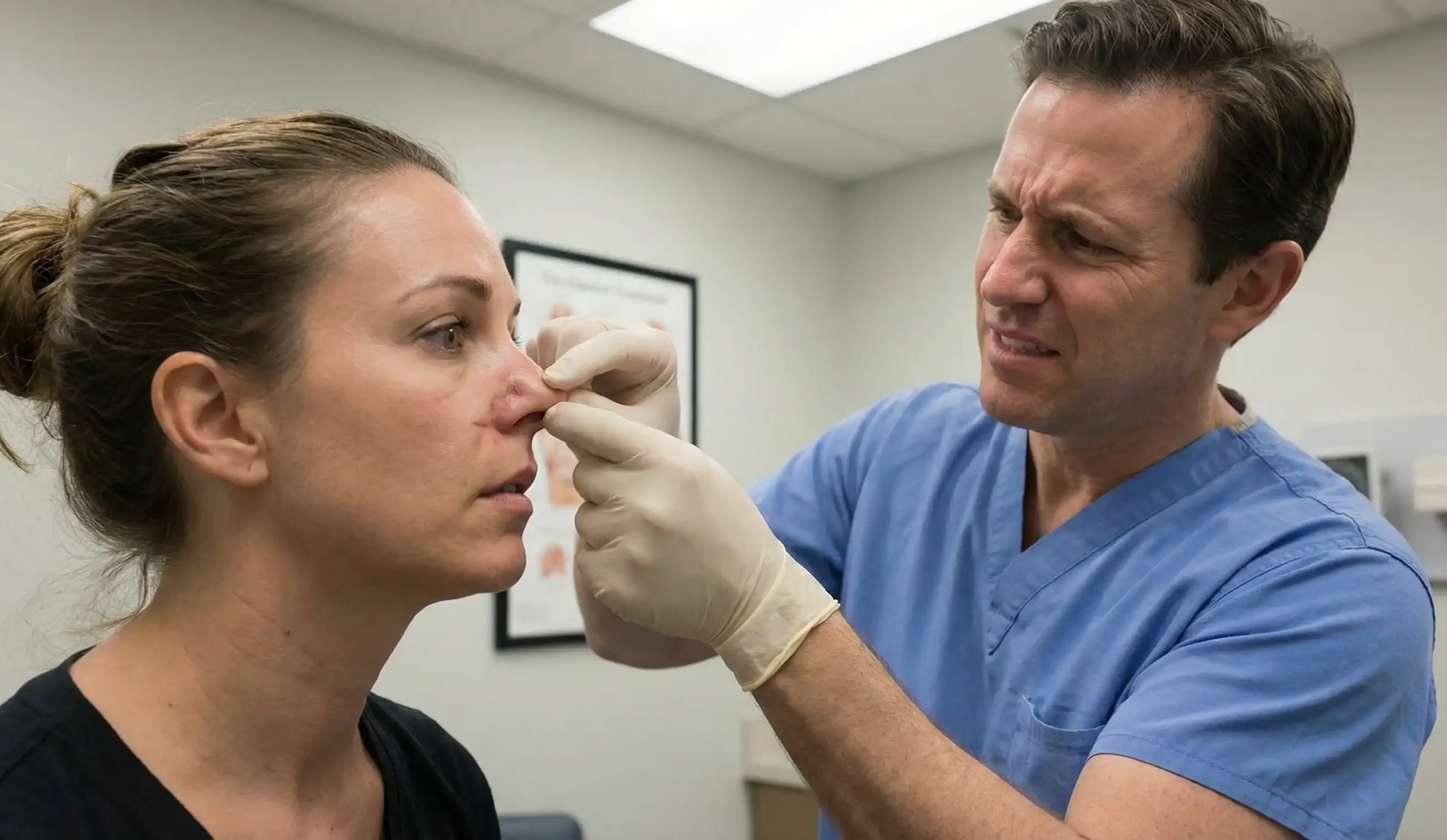 plastic surgeon demonstrating nasal tip rigidity exam