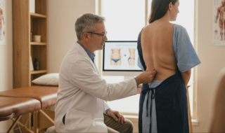 doctor examining patients back fat for liposuction