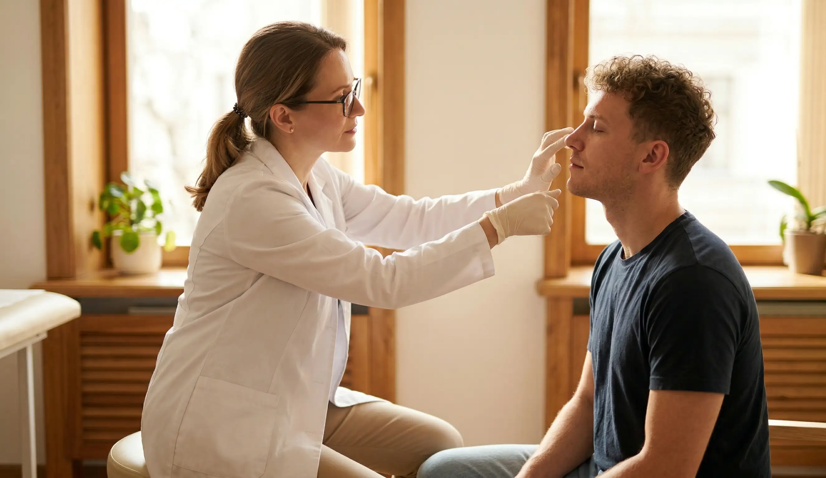 post rhinoplasty doctor examining nose piercing