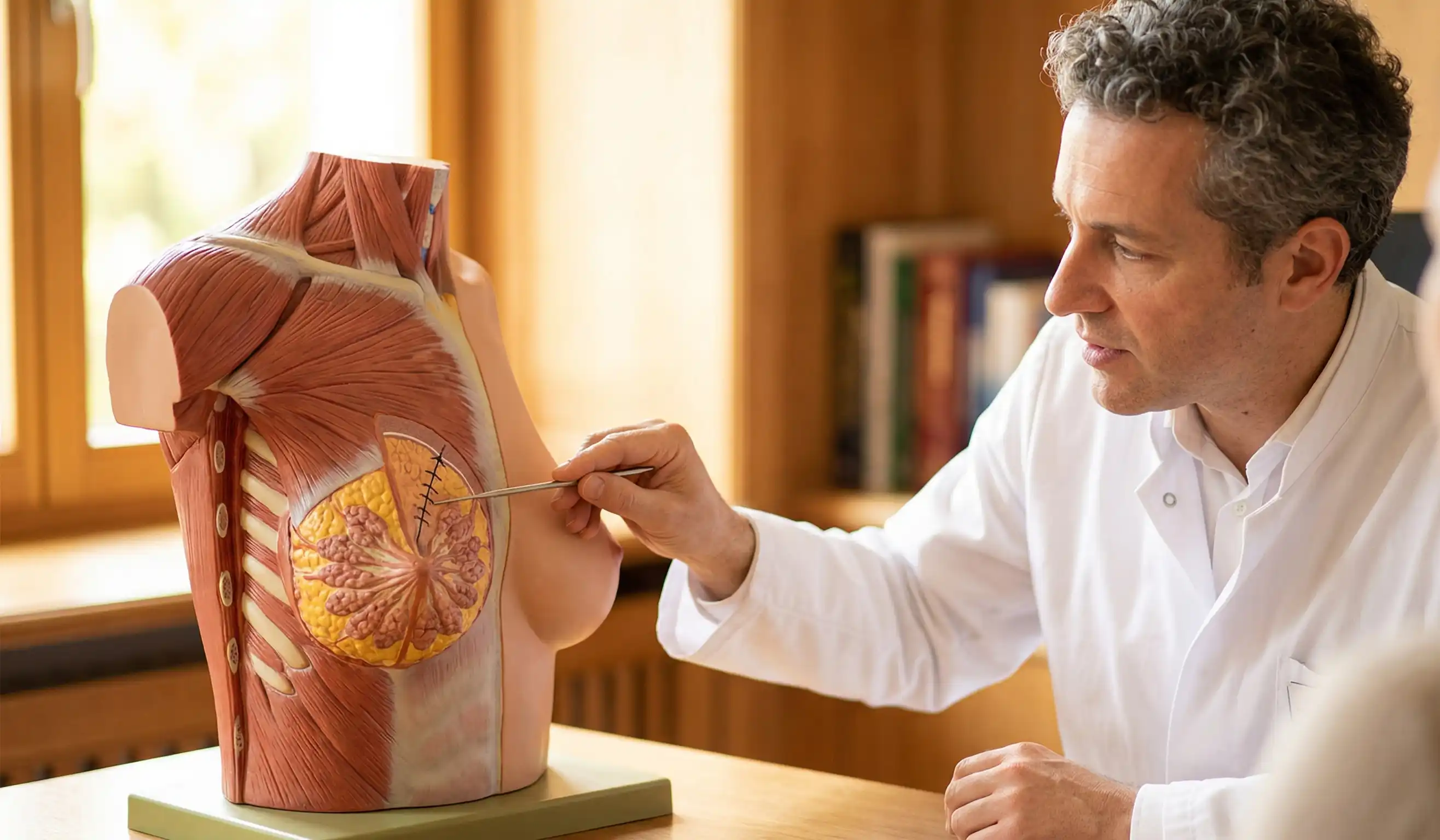 doctor explaining internal stitches with 3d breast model