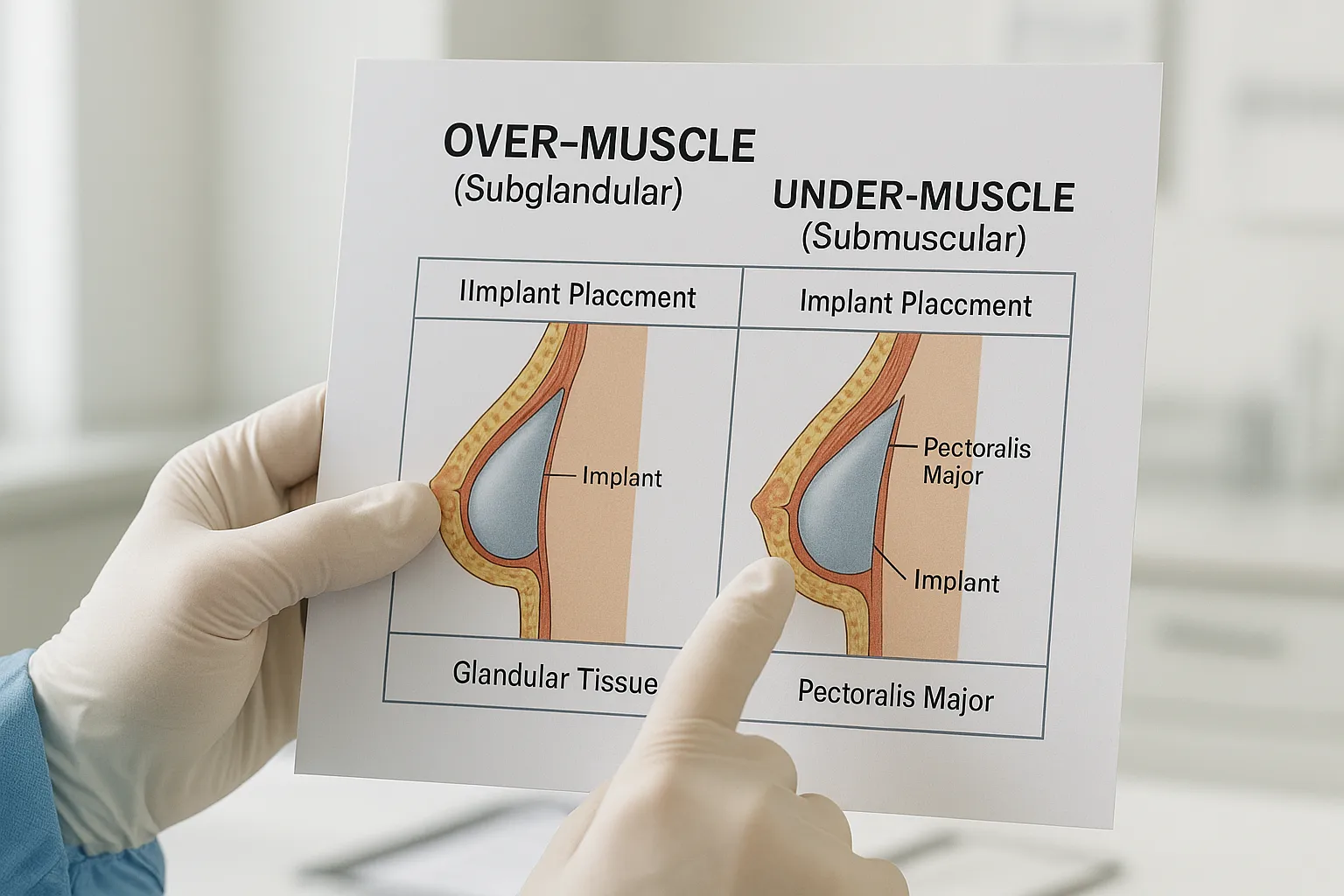 schema medico dettagliato che confronta impianti sopra e sotto il muscolo