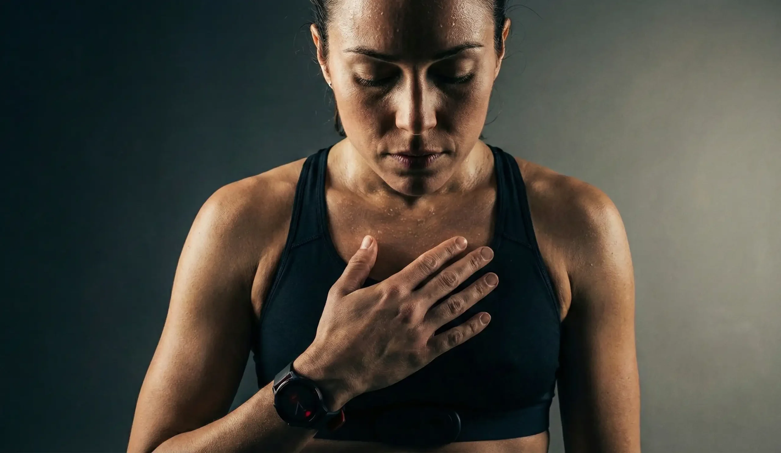 woman concentrating on heartbeat in athletic bralette