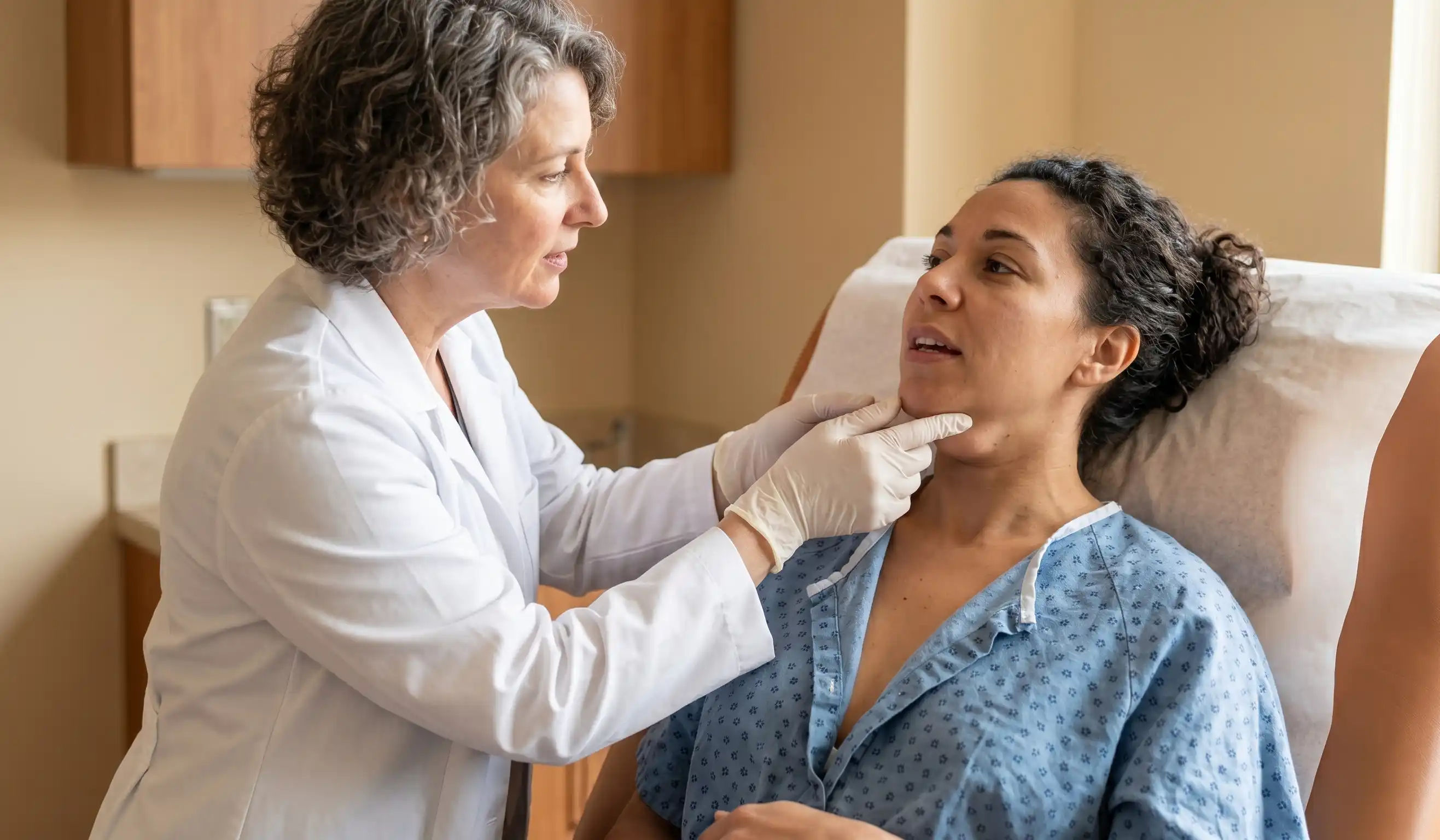 doctor examining post op chin lump