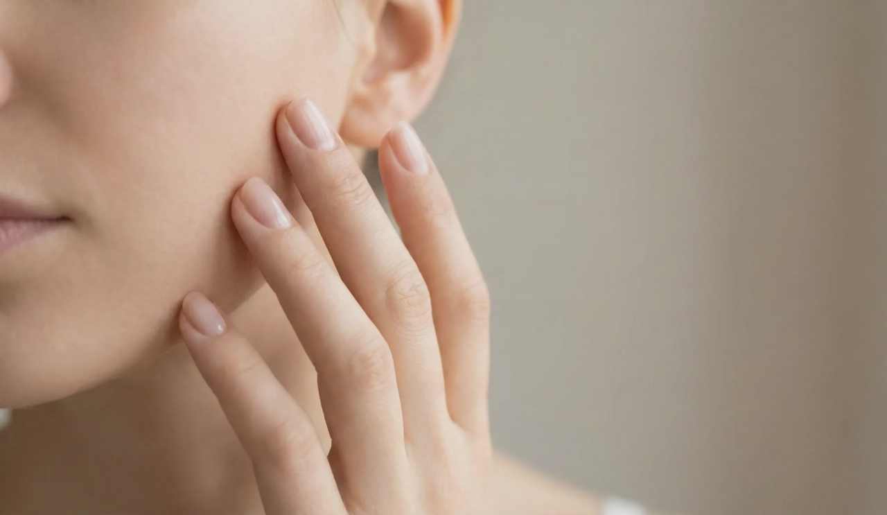hand touching cheek natural light