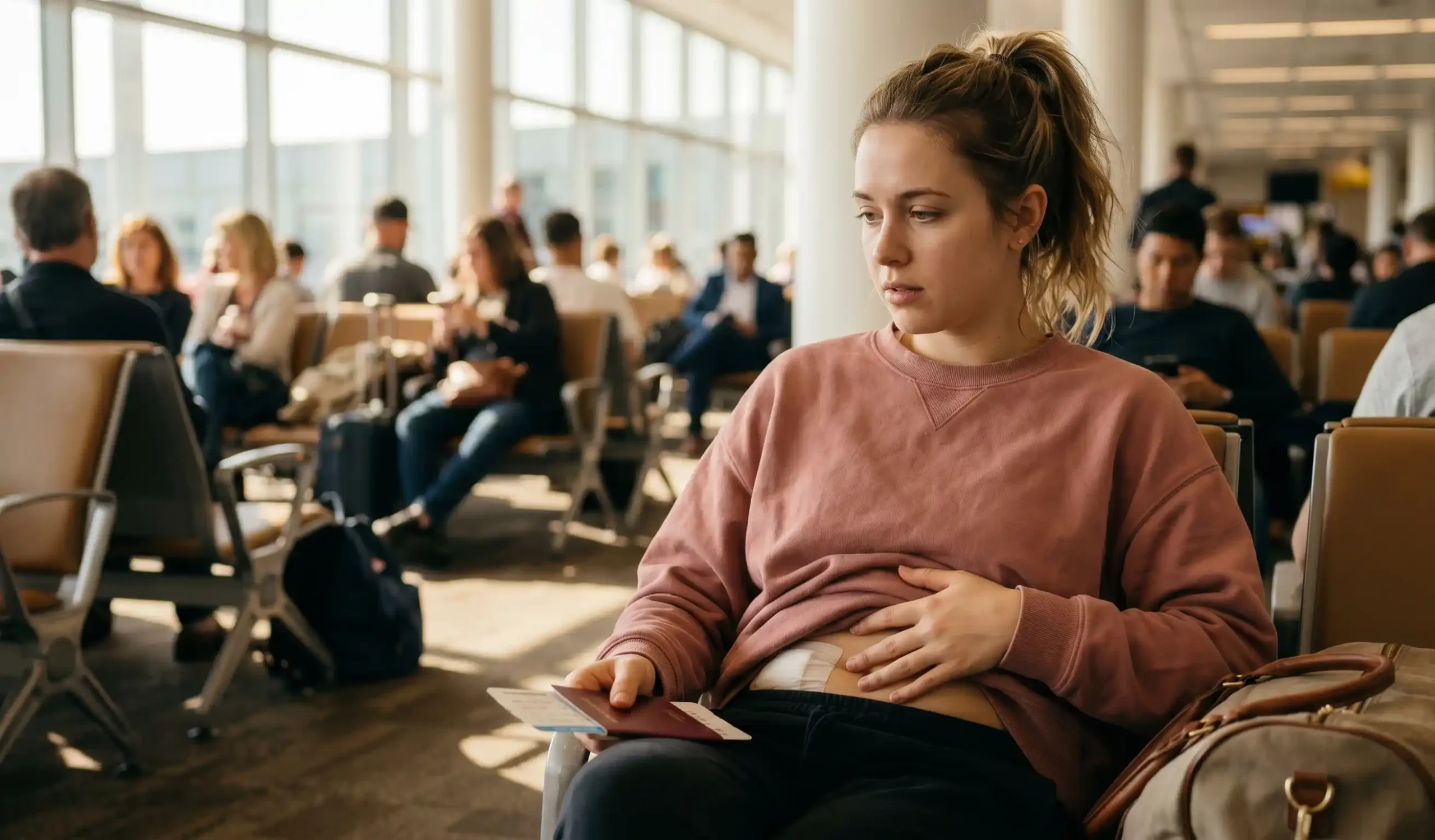 woman gently checking post surgery abdominal bandage at airport