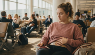 woman gently checking post surgery abdominal bandage at airport