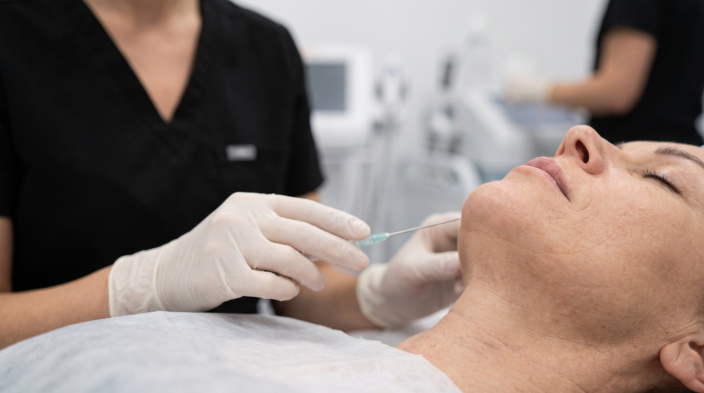 Close-up of the submental region, illustrating subcutaneous fat removal for double chin reduction via liposuction.