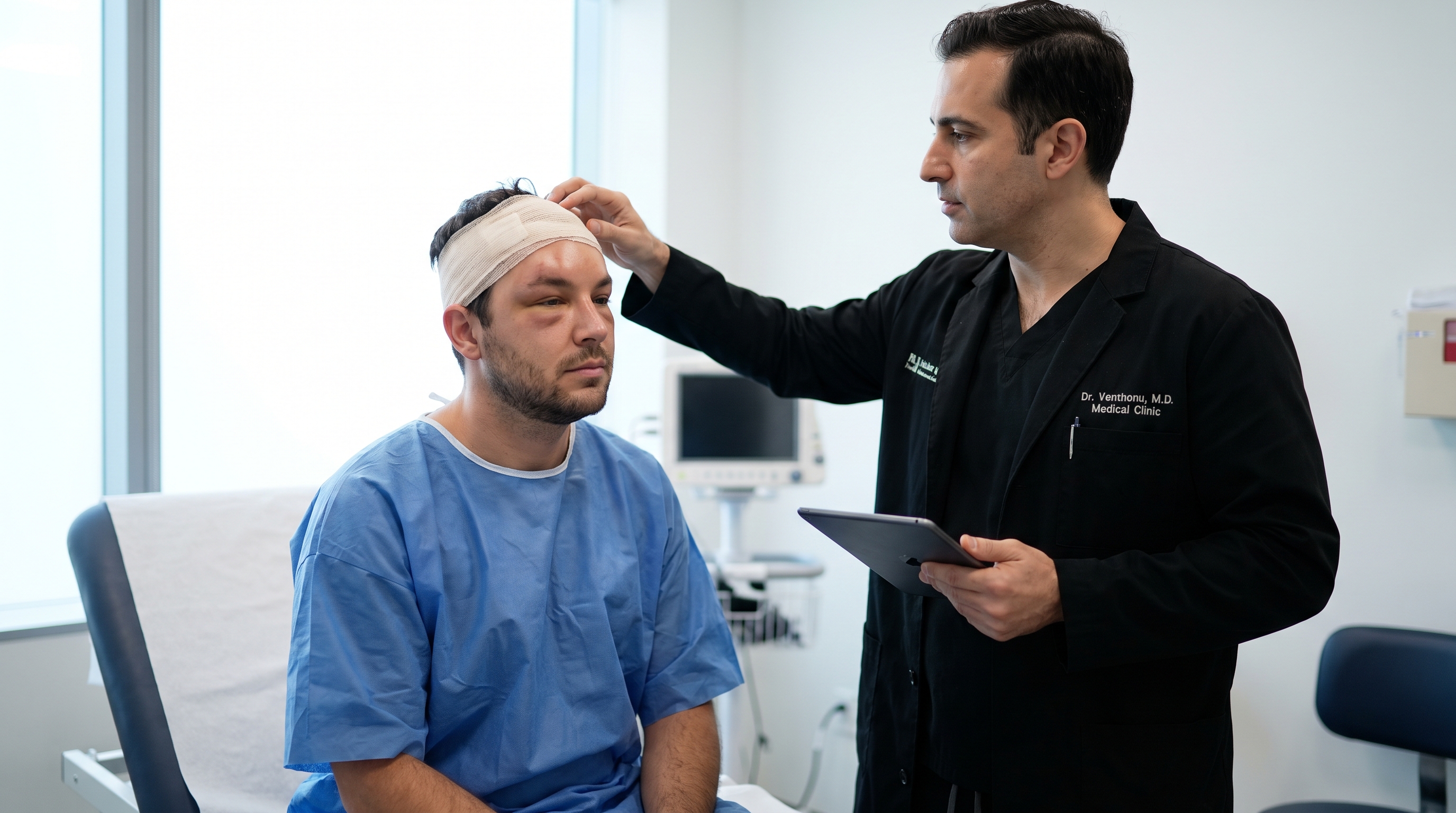 Close-up of a face with temporary facial edema following a hair transplant, a common and non-dangerous post-operative effect.