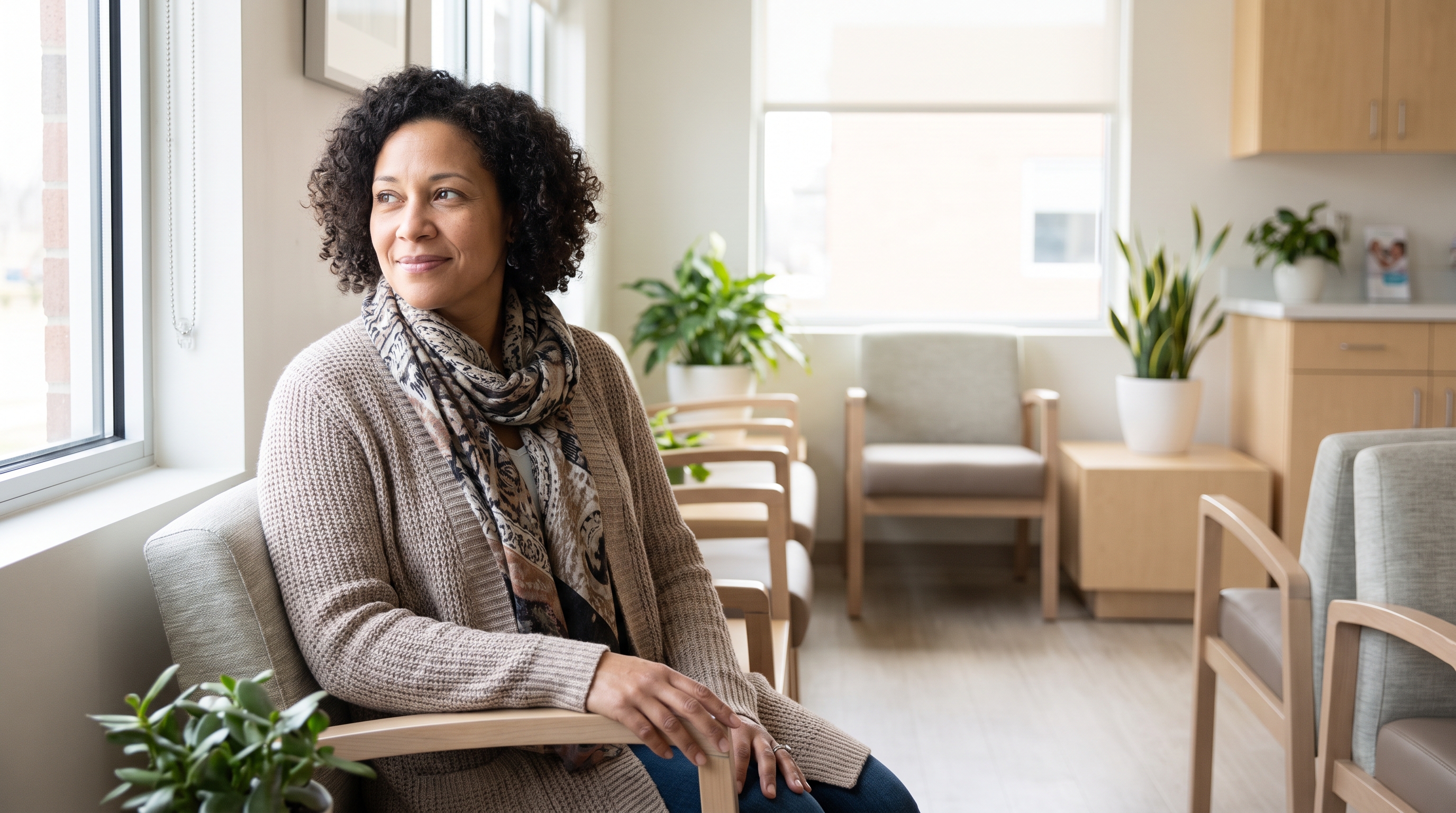 Calm woman in her 40s reflecting on the significant physical and emotional changes after gastric sleeve surgery.