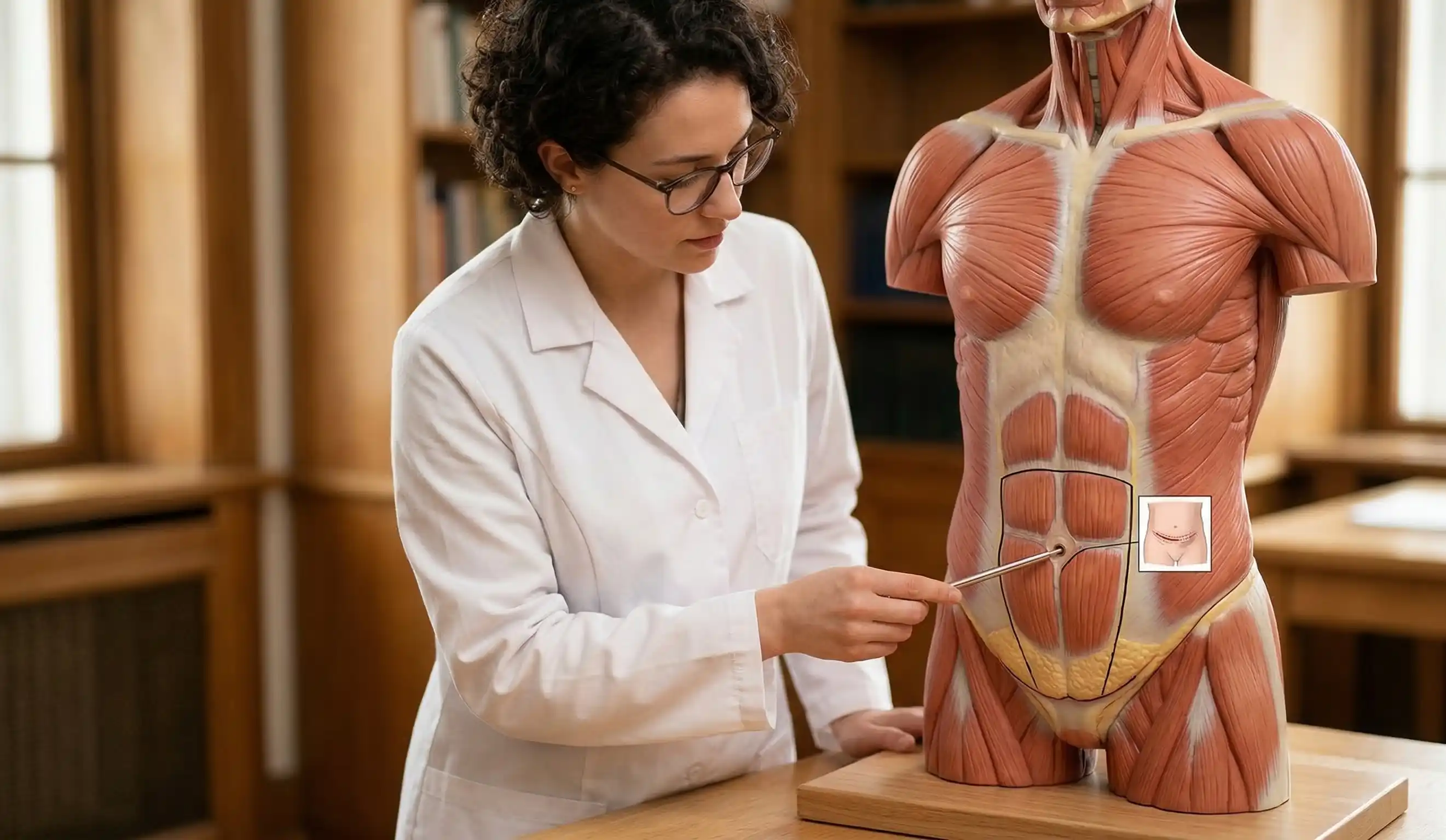 anatomical model pointing mini tummy tuck area