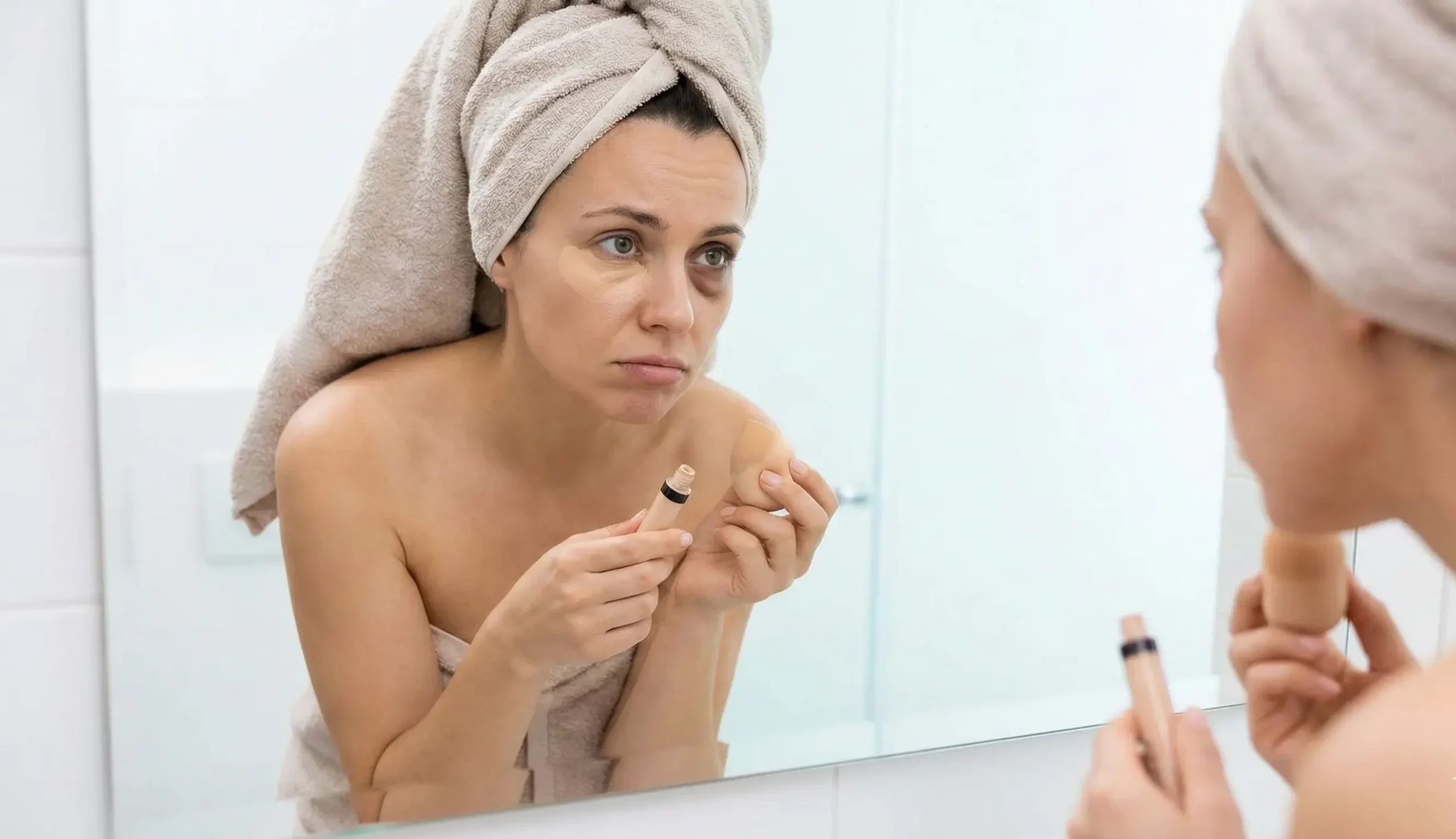 woman applying concealer hiding eye bags shadow