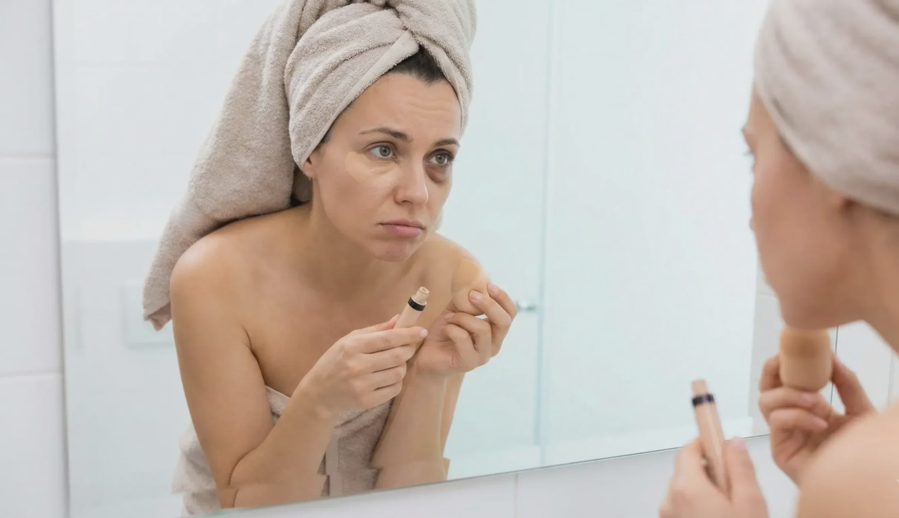 woman applying concealer hiding eye bags shadow