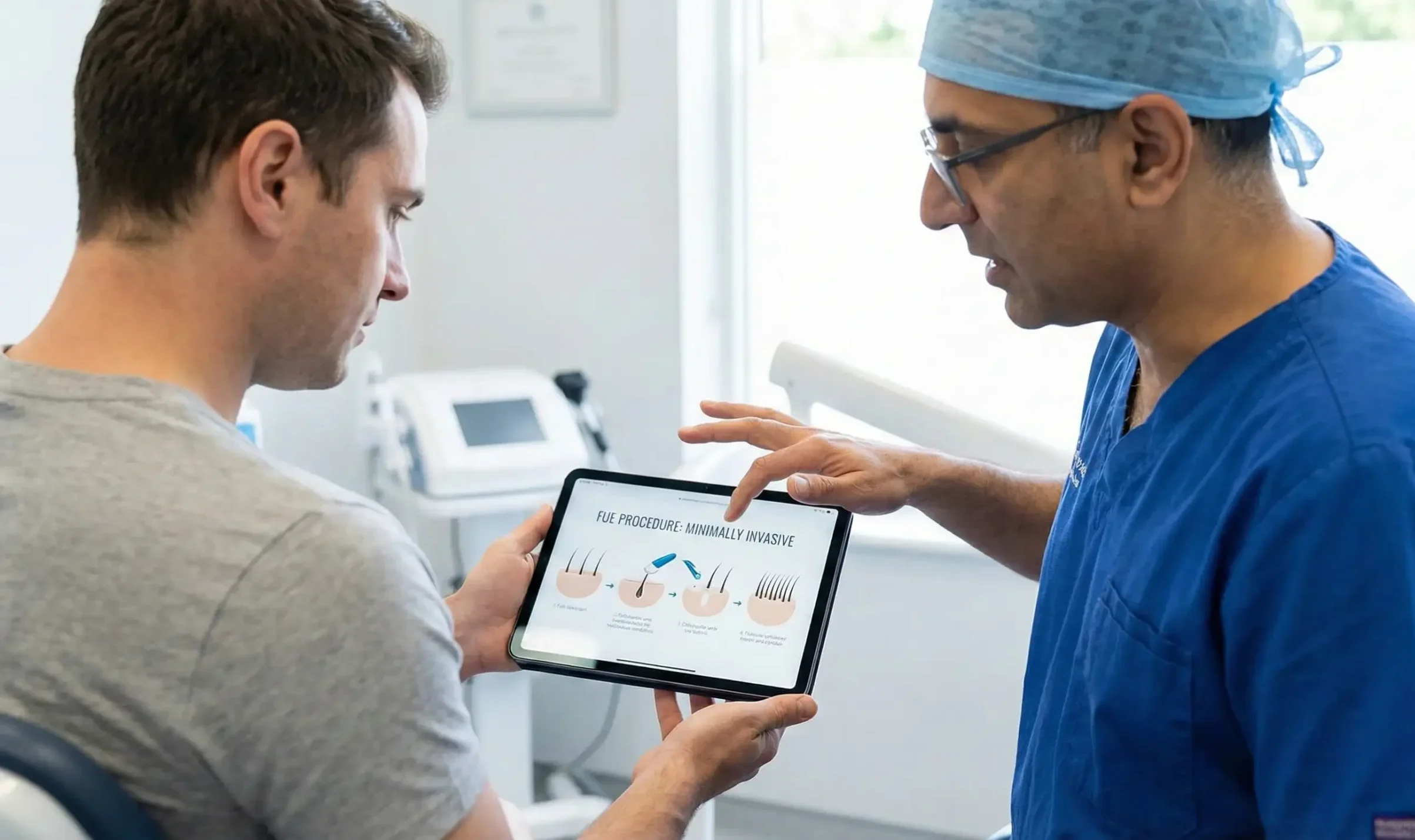 surgeon explaining fue procedure tablet