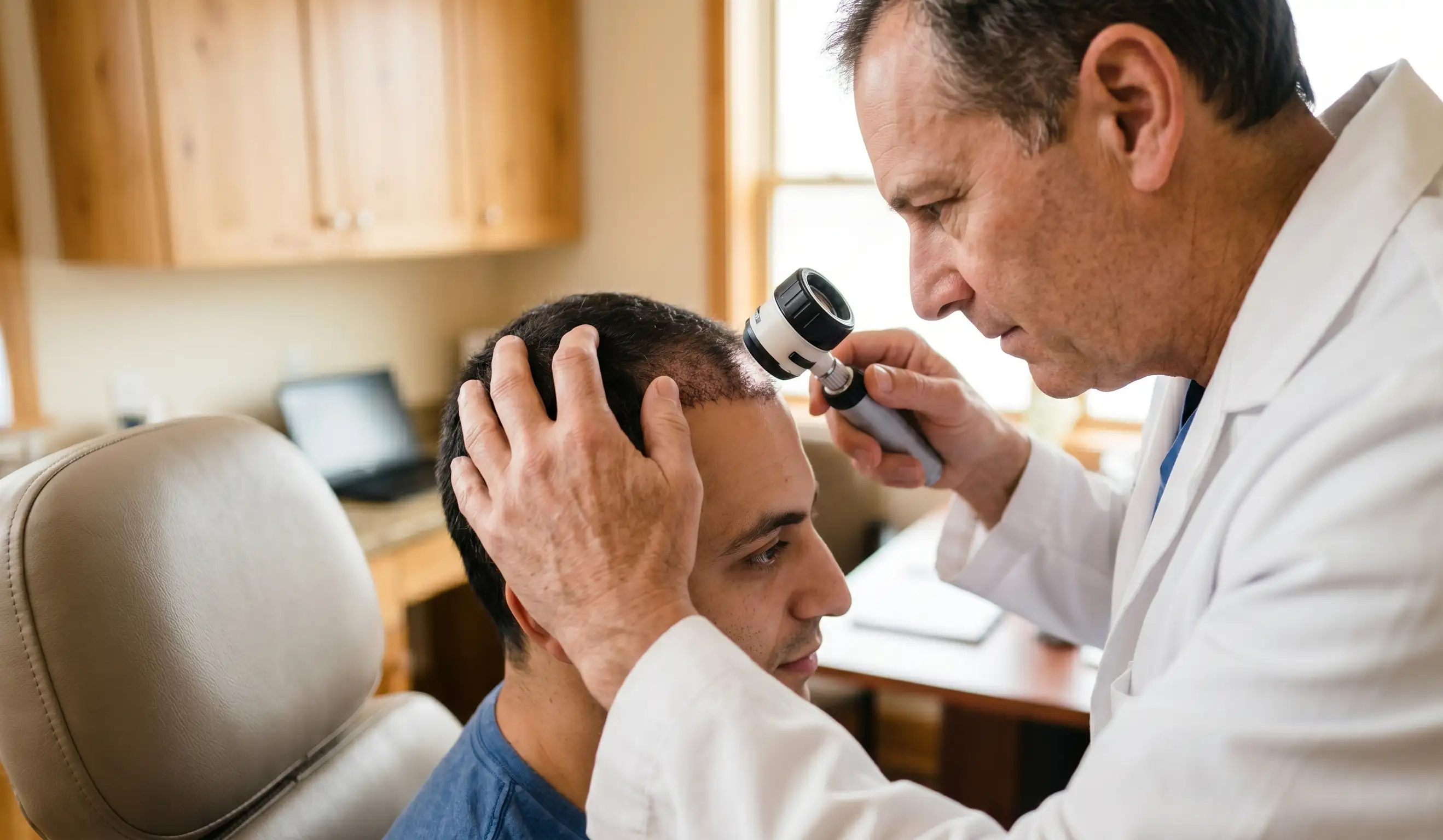 doctor examining the scalp of a patient one month after hair transplant