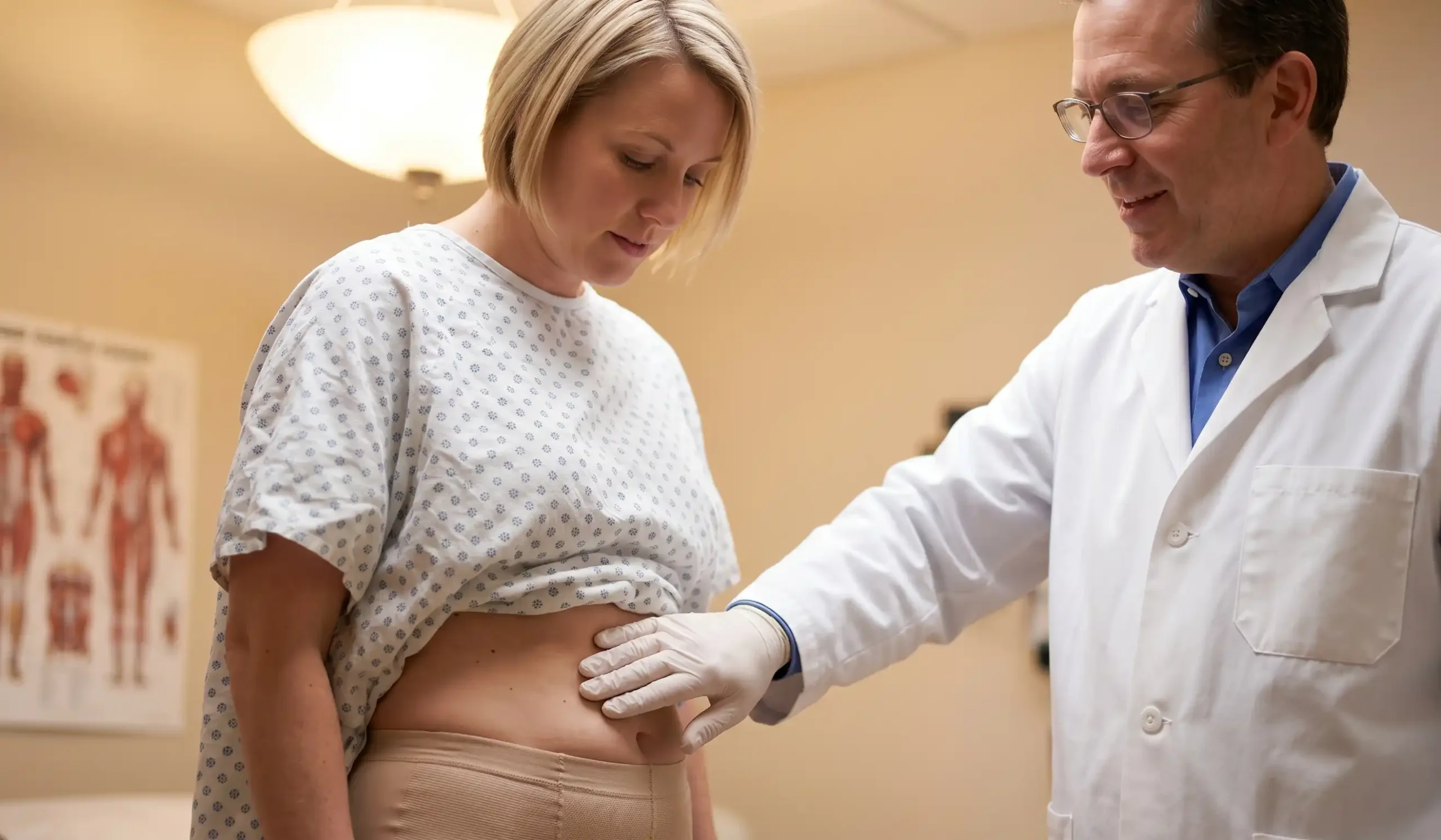 doctor checking patients abdomen