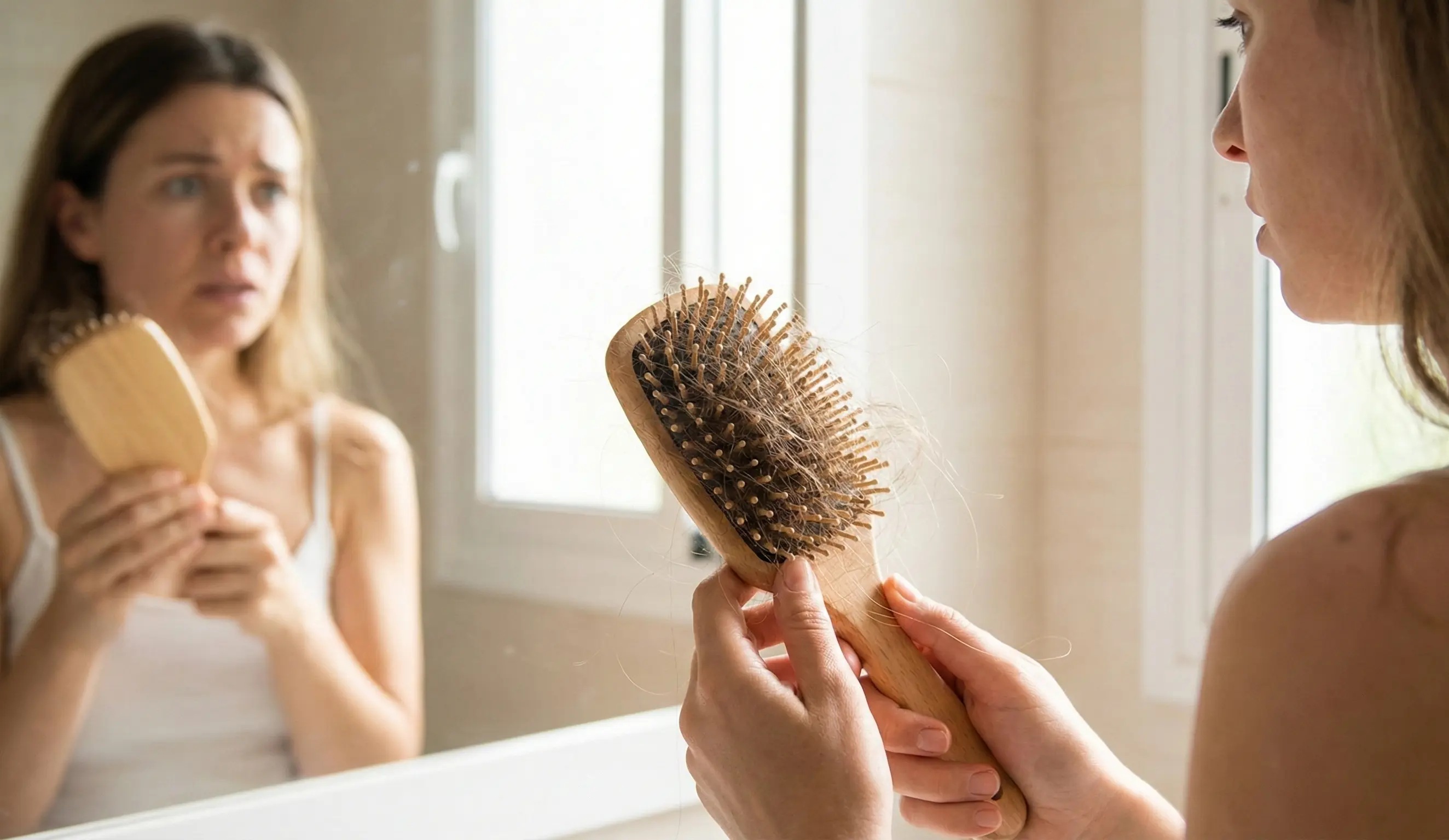 woman looking at hairbrush hair loss bathroom