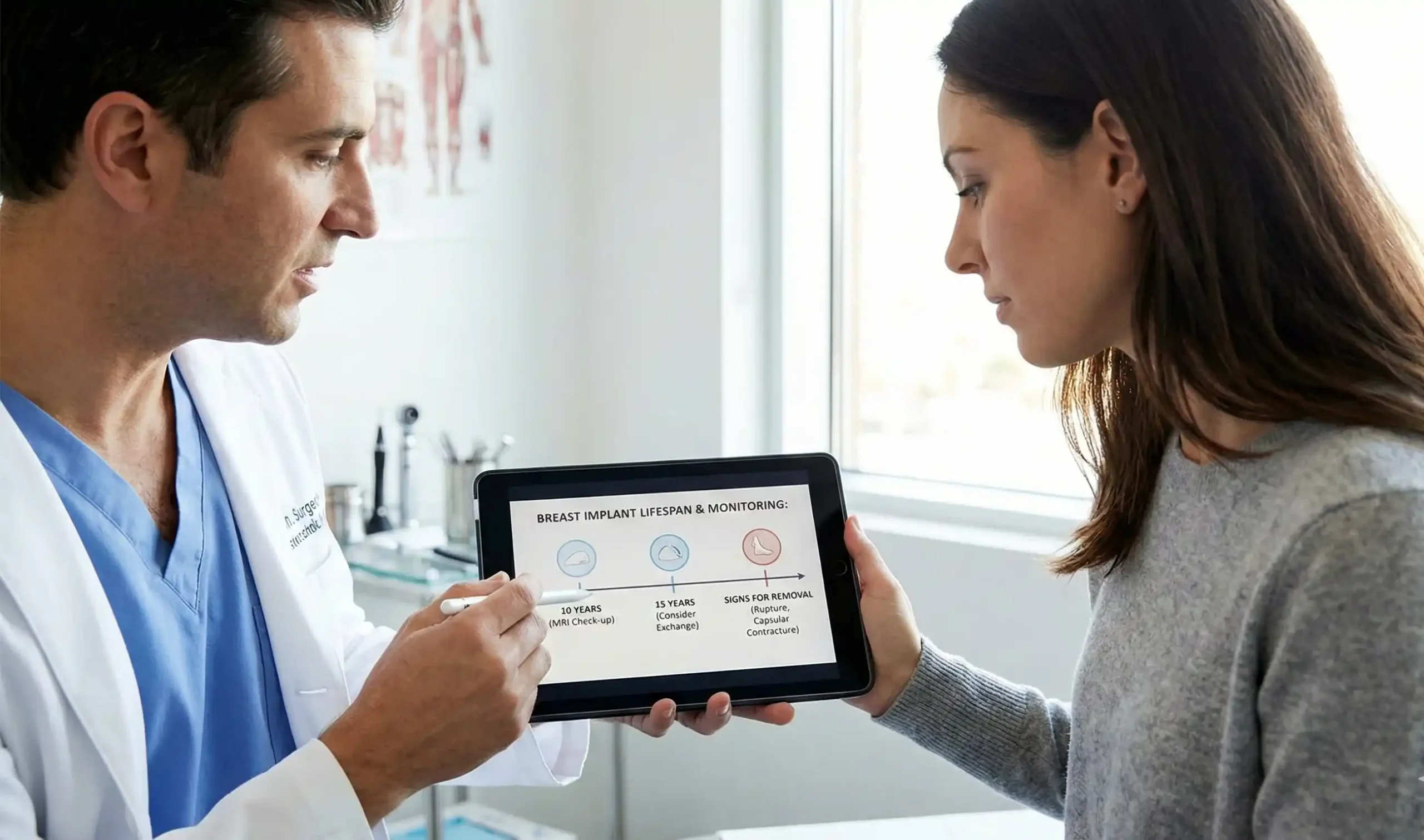 surgeon showing implant lifespan timeline on tablet